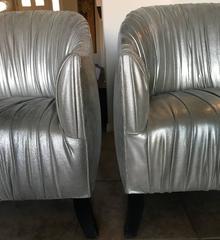 Pair of Hollywood Regency Modern Ruched Silver Metallic Leather Club Chairs