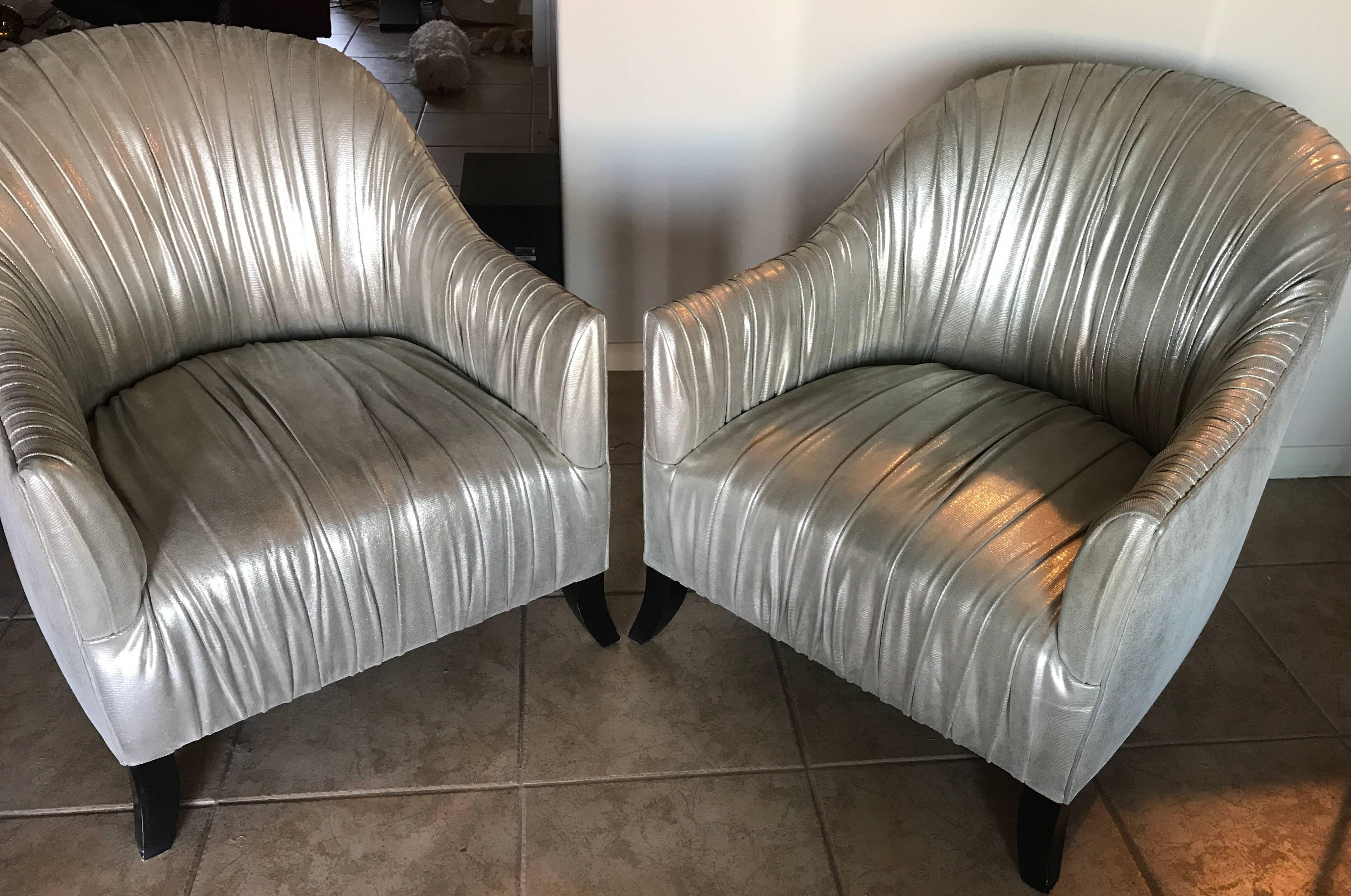 American  Pair of Hollywood Regency Modern Ruched Silver Metallic Leather Club Chairs