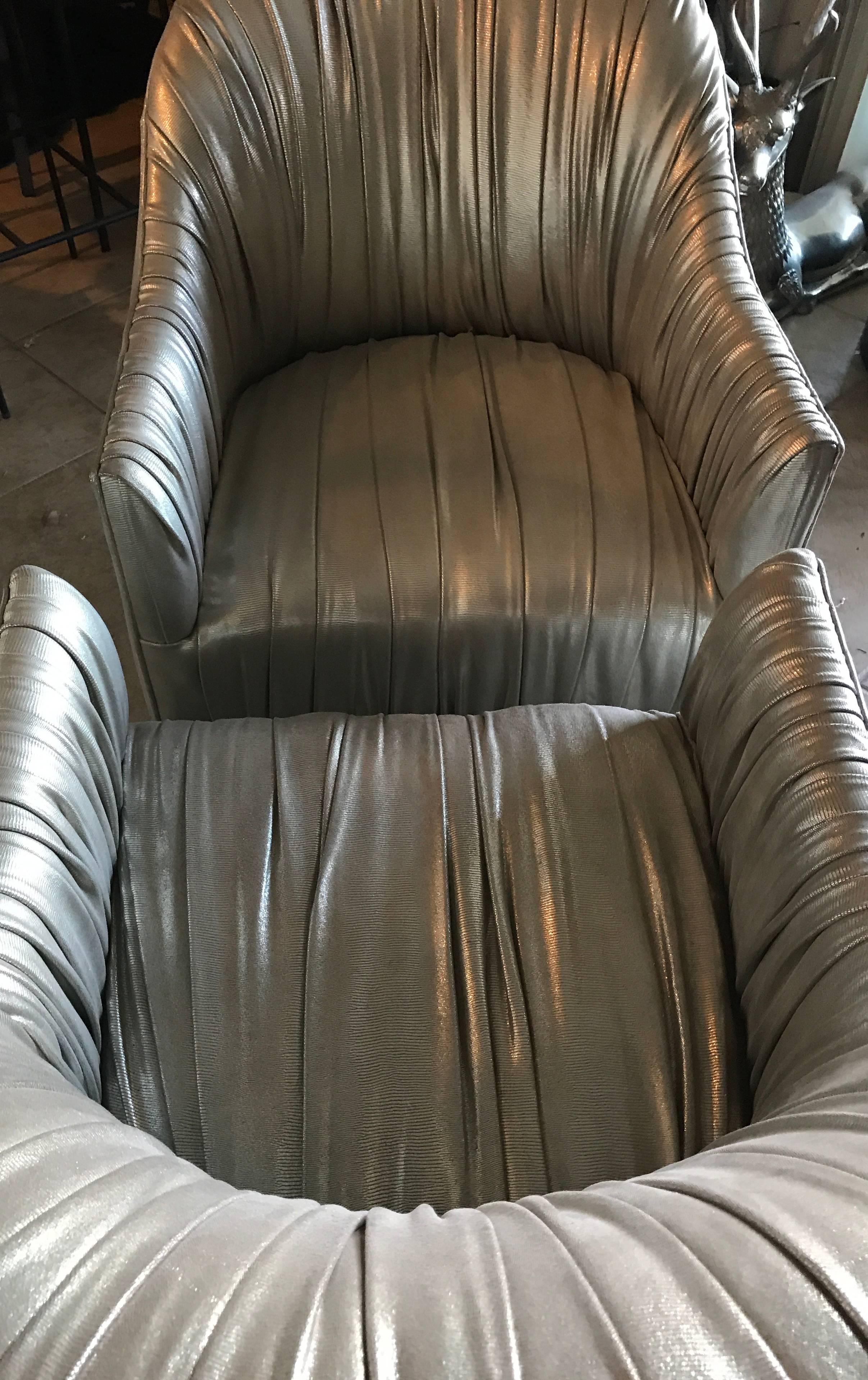  Pair of Hollywood Regency Modern Ruched Silver Metallic Leather Club Chairs In Excellent Condition In Palm Springs, CA