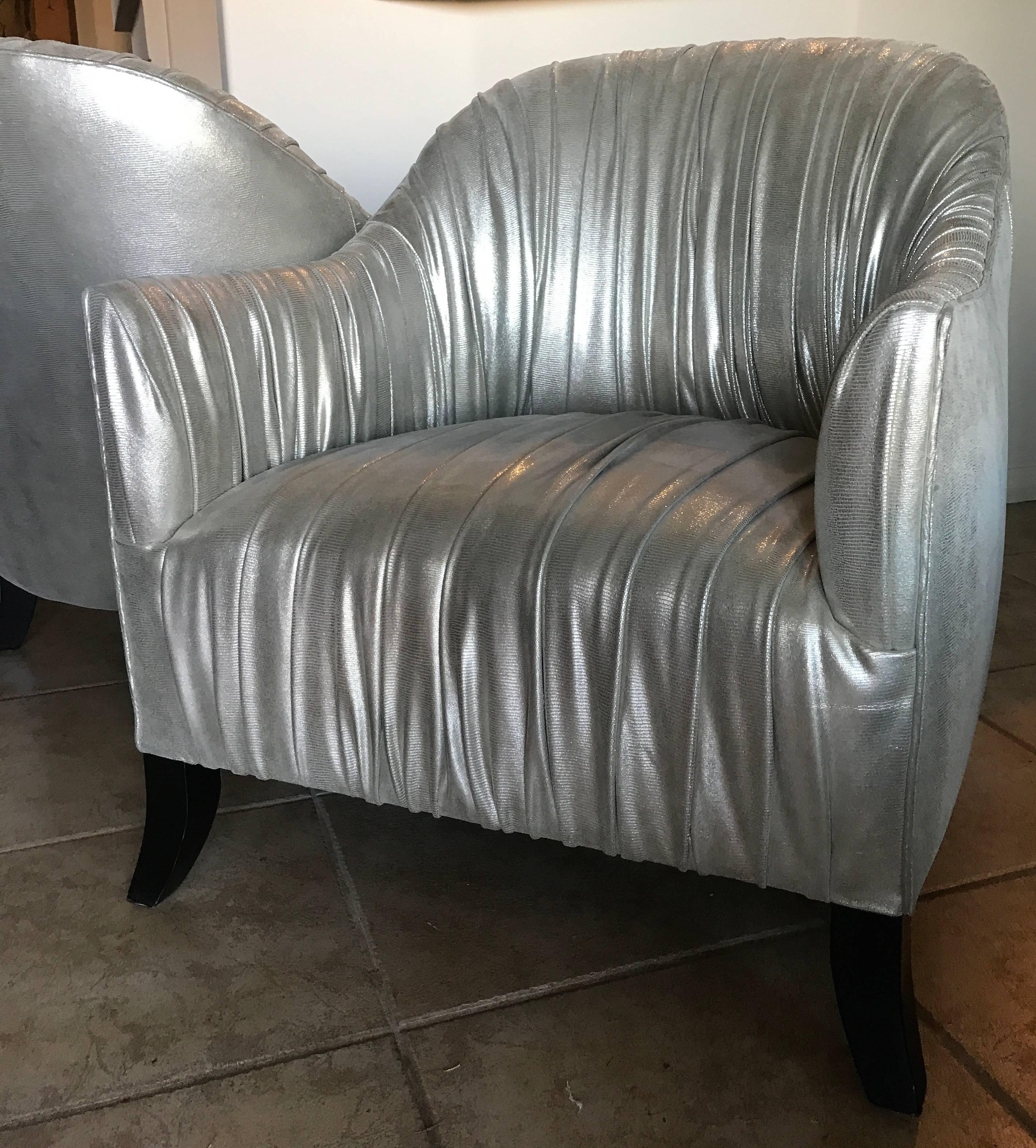 Contemporary  Pair of Hollywood Regency Modern Ruched Silver Metallic Leather Club Chairs