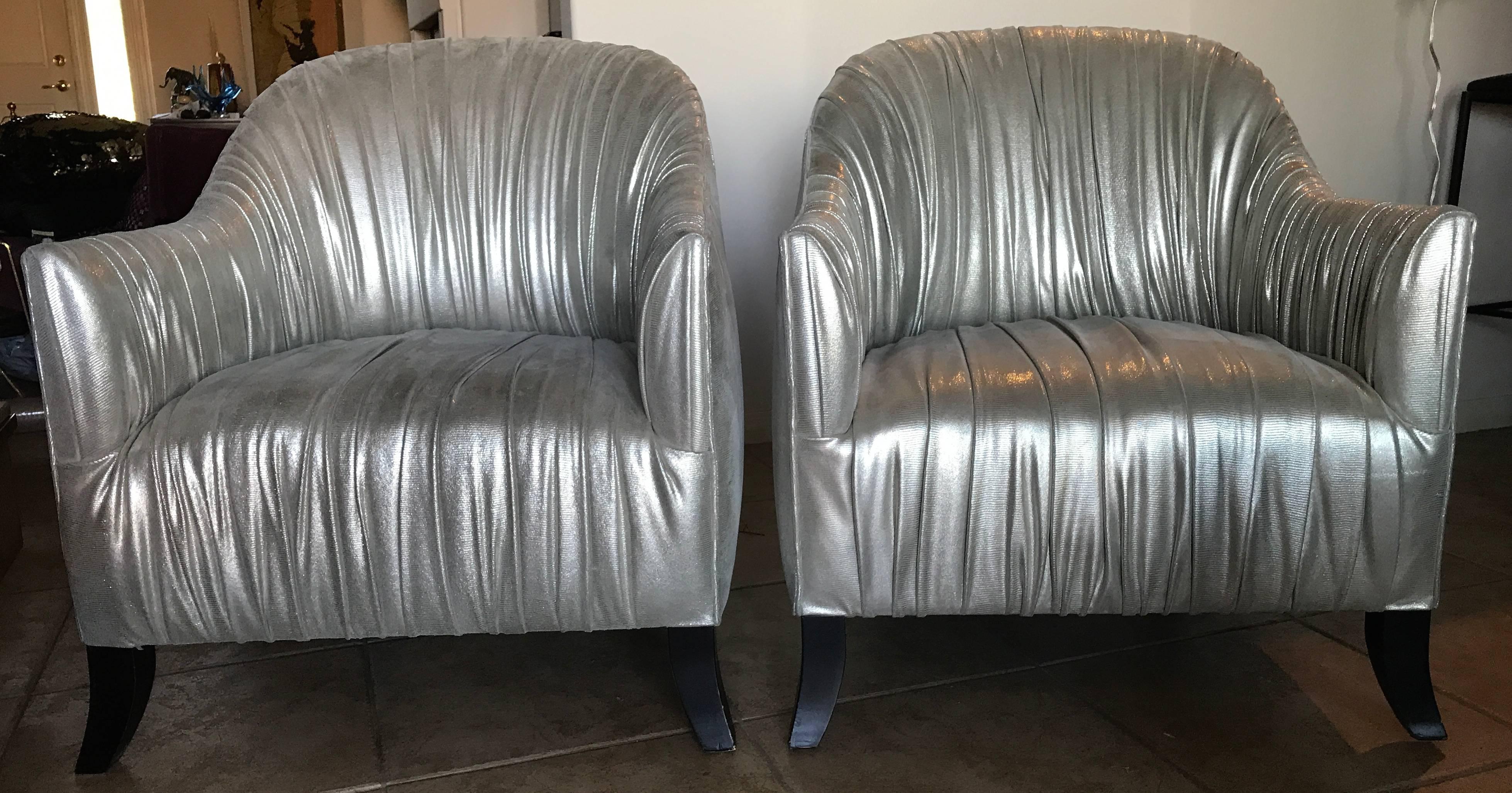  Pair of Hollywood Regency Modern Ruched Silver Metallic Leather Club Chairs 1