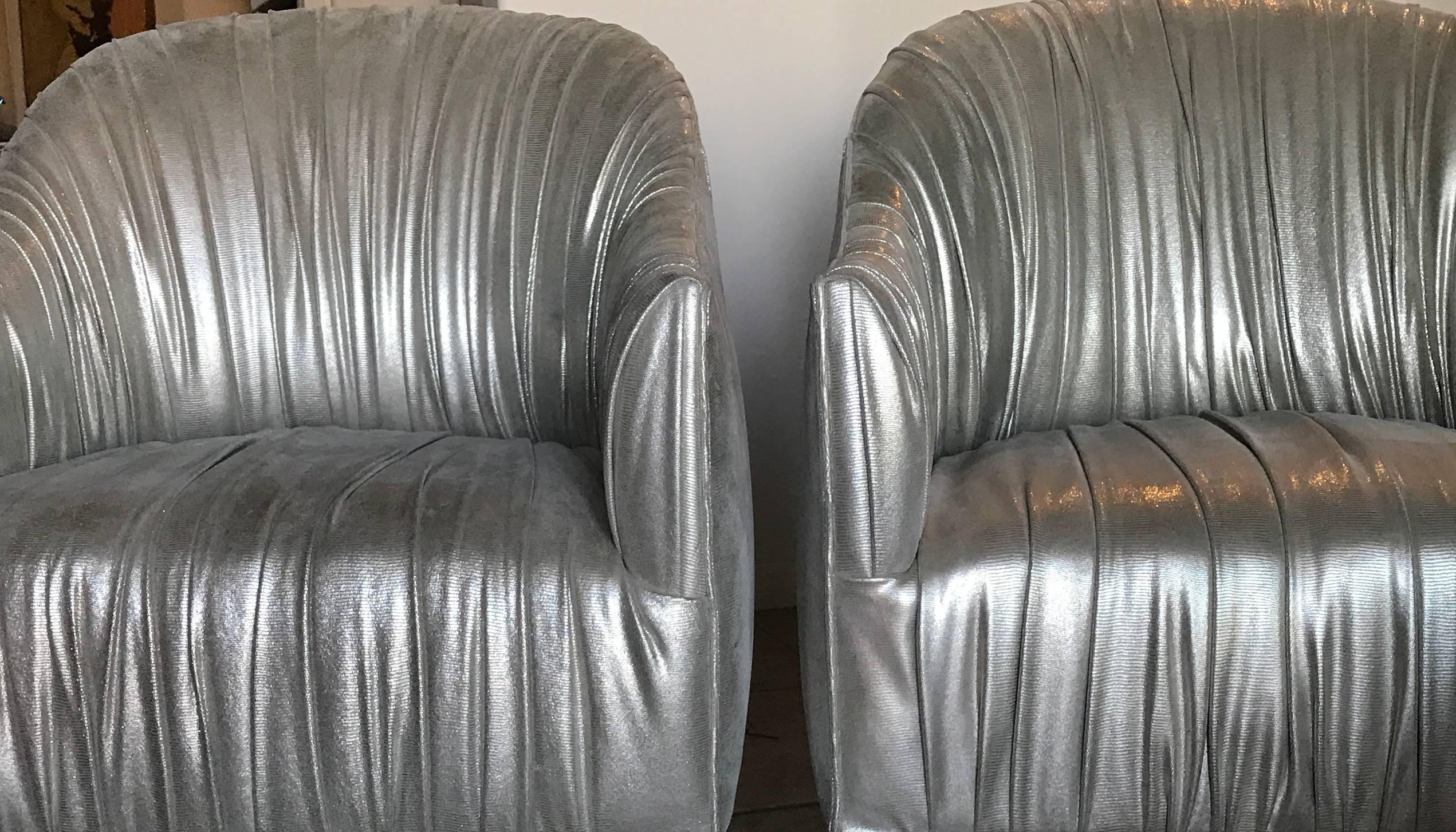  Pair of Hollywood Regency Modern Ruched Silver Metallic Leather Club Chairs 2