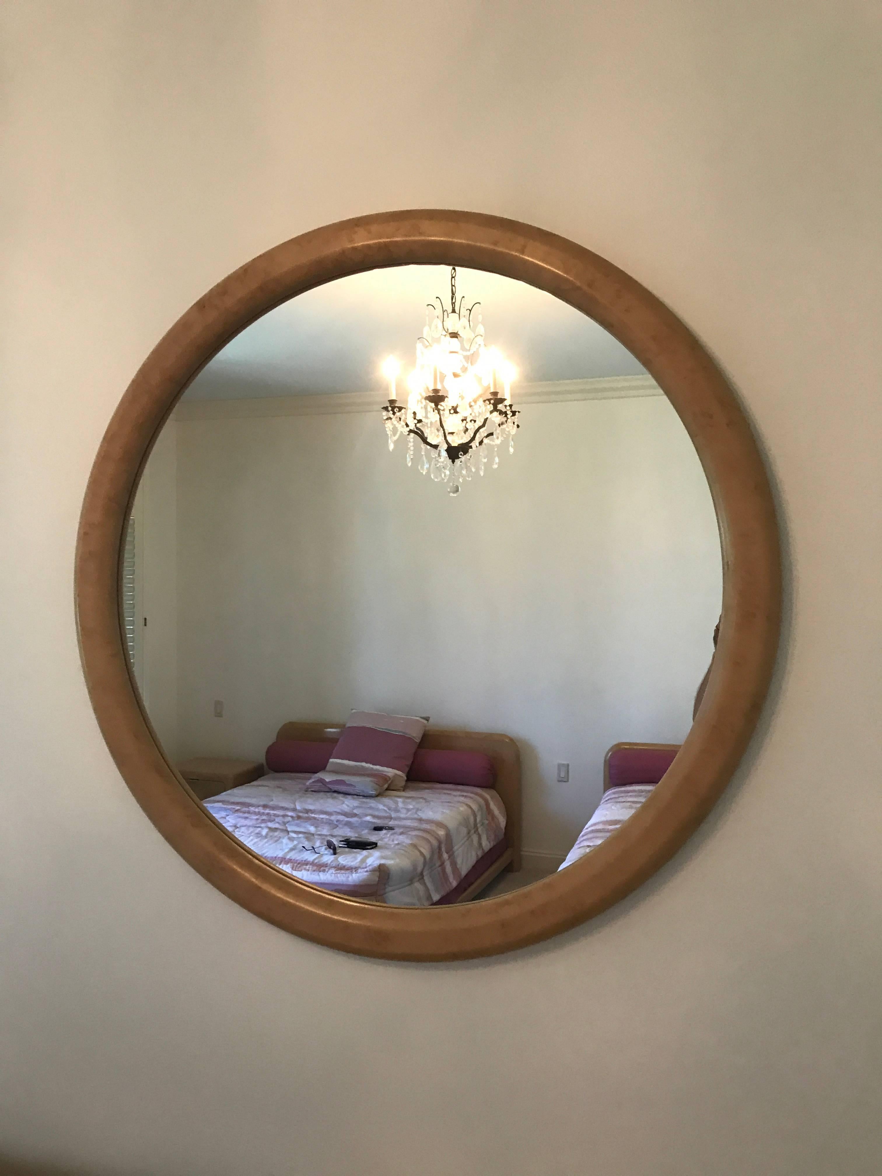 Modern Round Faux Goatskin Lacquer Mirror from Custom-Made Master Bedroom Suite