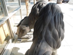 Spectacular Monumental High Stylized Hollywood Regency Bronze Lion Statutes Pair