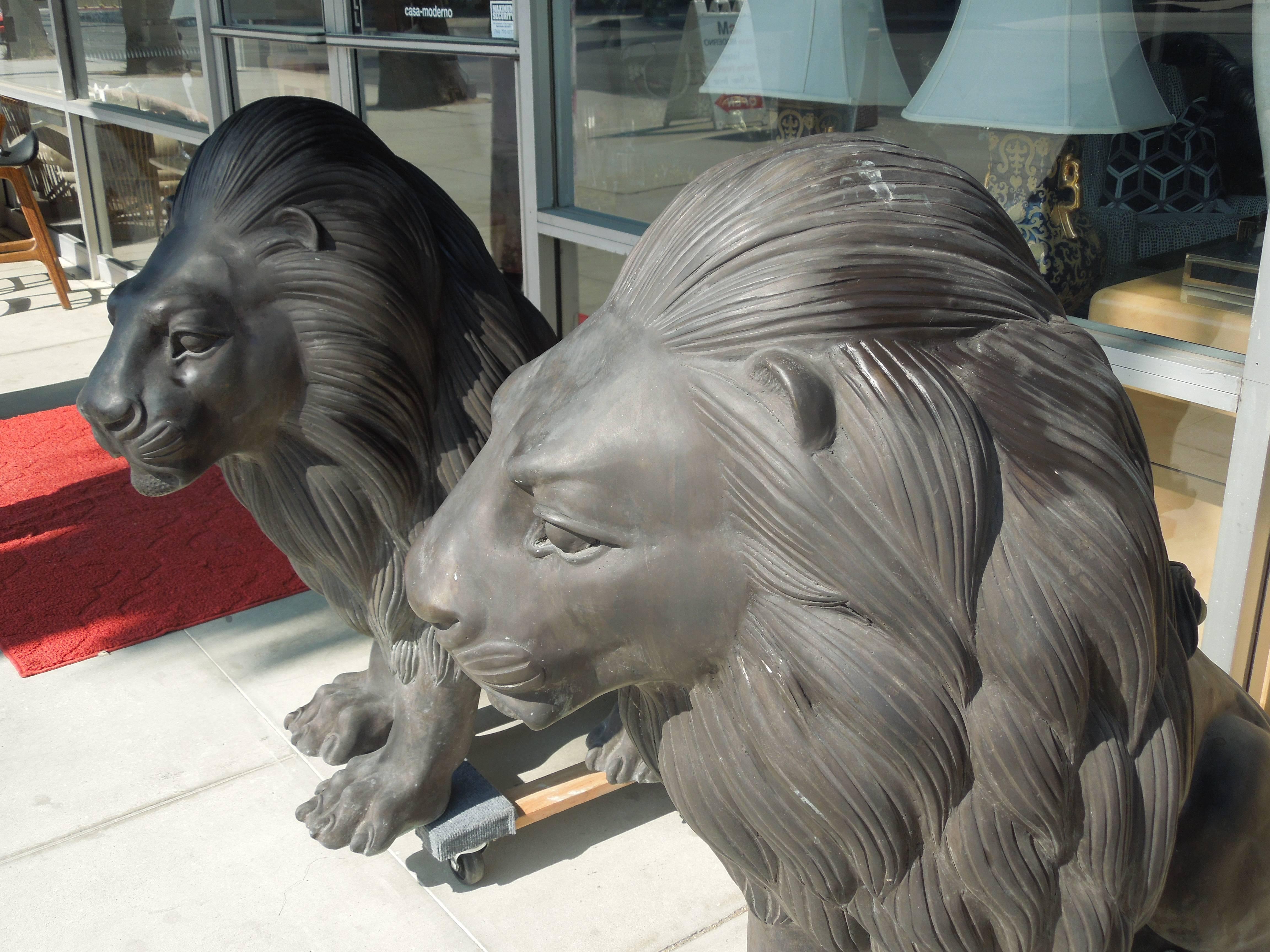 Spectacular Monumental High Stylized Hollywood Regency Bronze Lion Statutes Pair 1