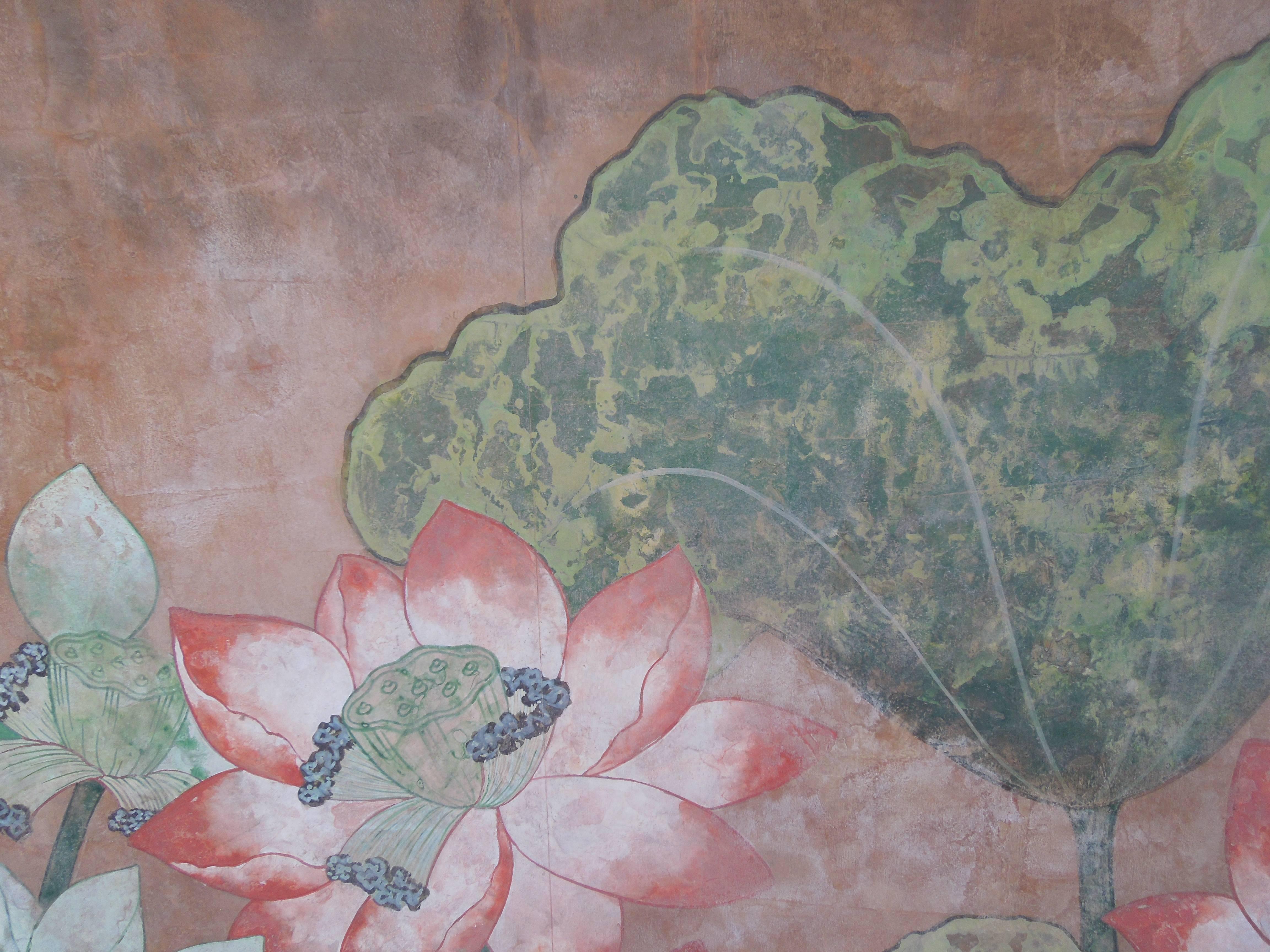 Monumental Painting in Hollywood Regency Chinoiserie Style of Crane and Flowers In Good Condition In Palm Springs, CA
