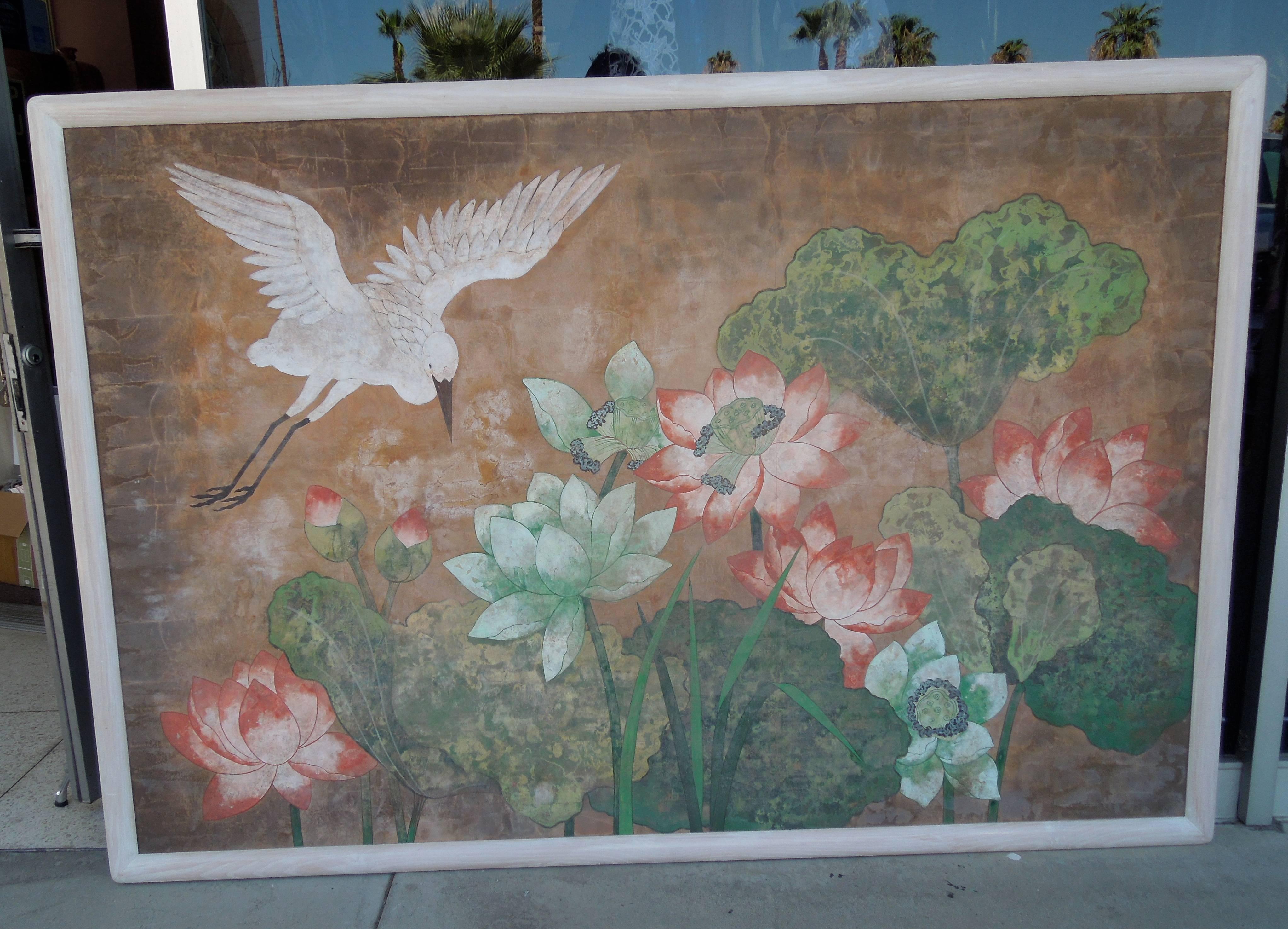 Late 20th Century Monumental Painting in Hollywood Regency Chinoiserie Style of Crane and Flowers