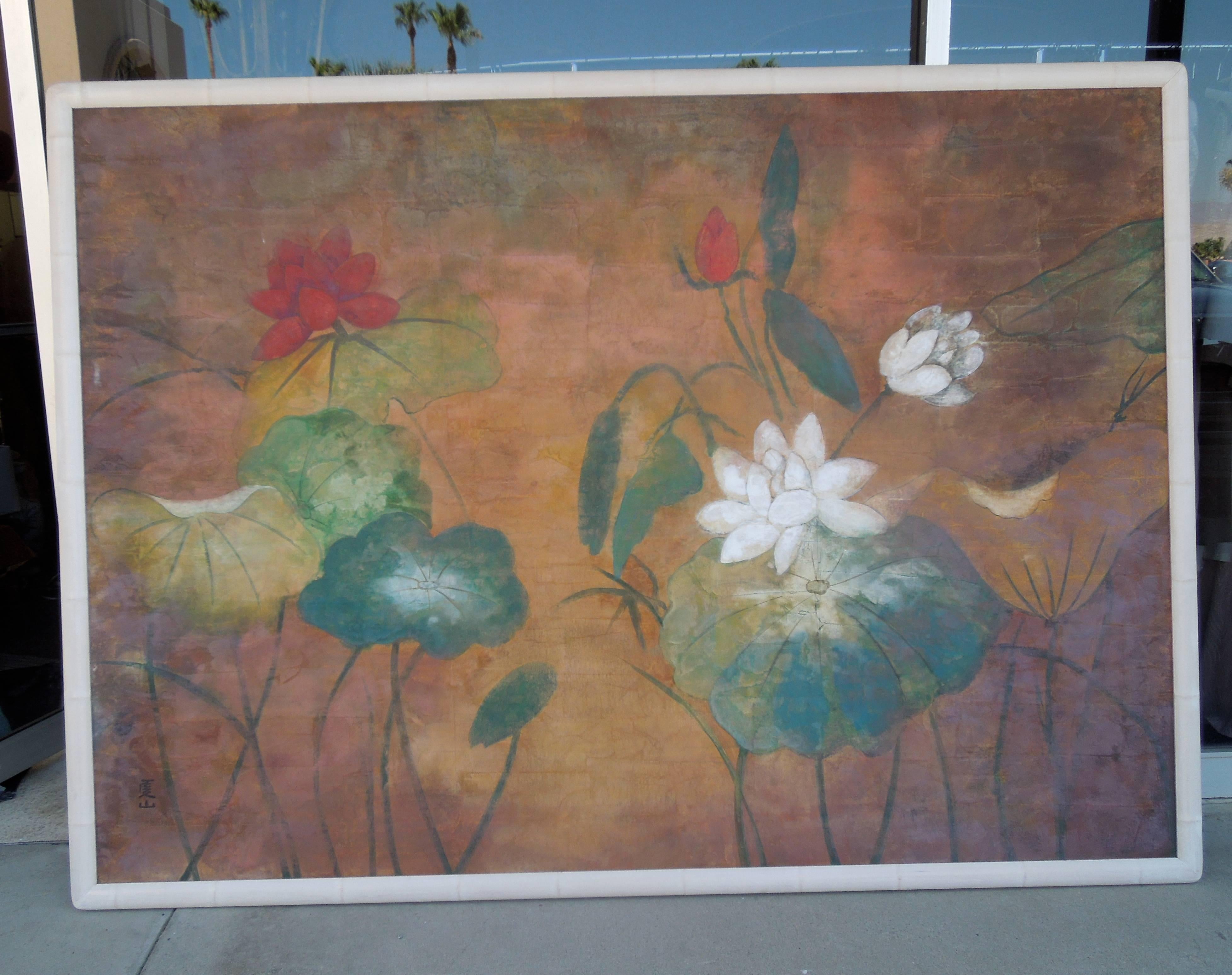 This is the largest painting and number three of three monumental size Hollywood/chinoiserie style original paintings that were done in the 80s for a very upscale, uber chic multi million dollar Hollywood Regency Estate in Rancho Mirage, CA. This