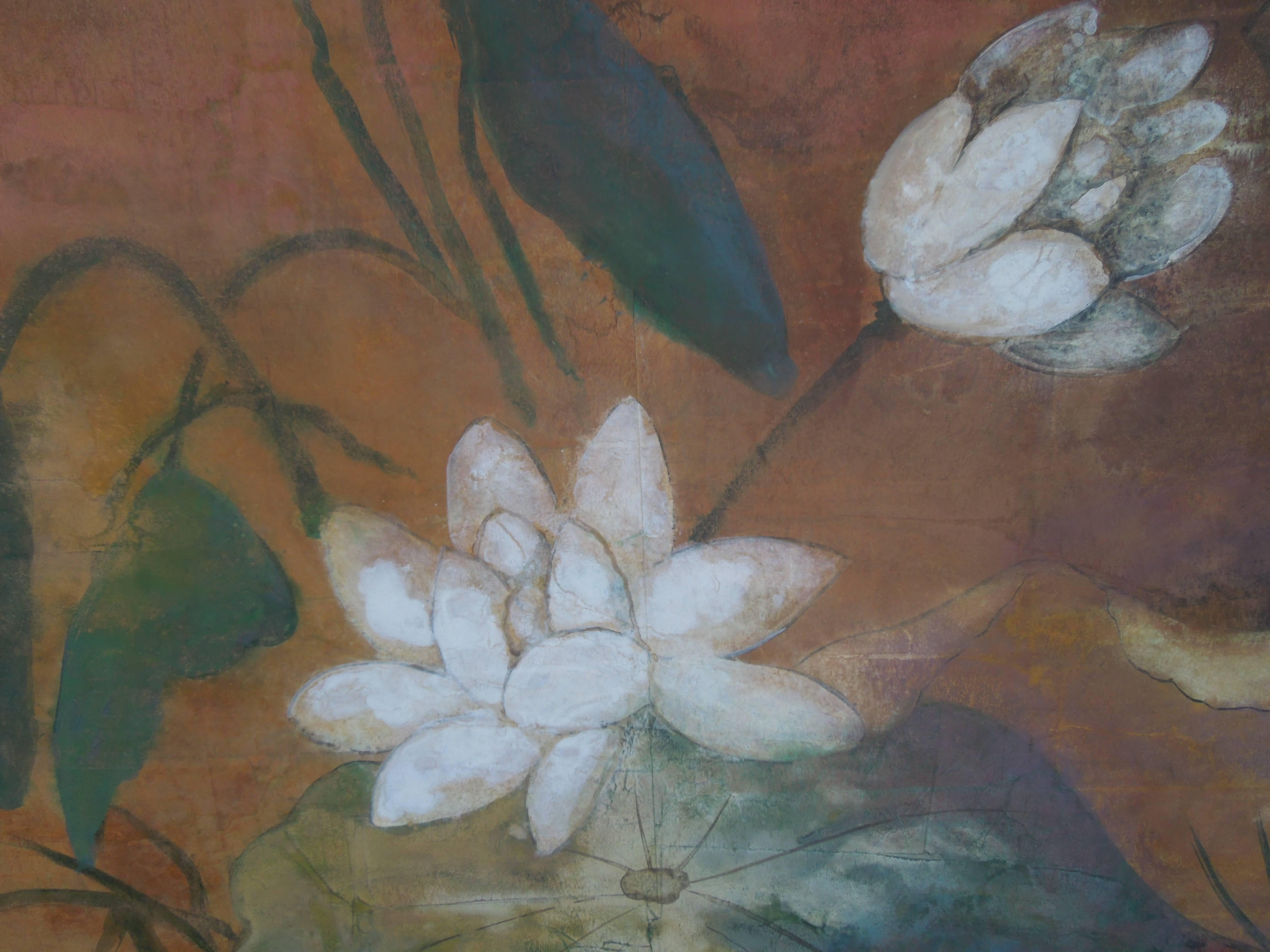 Hand-Painted Monumental Hollywood Regency Chinoiserie Style Lotus Flower Original Painting