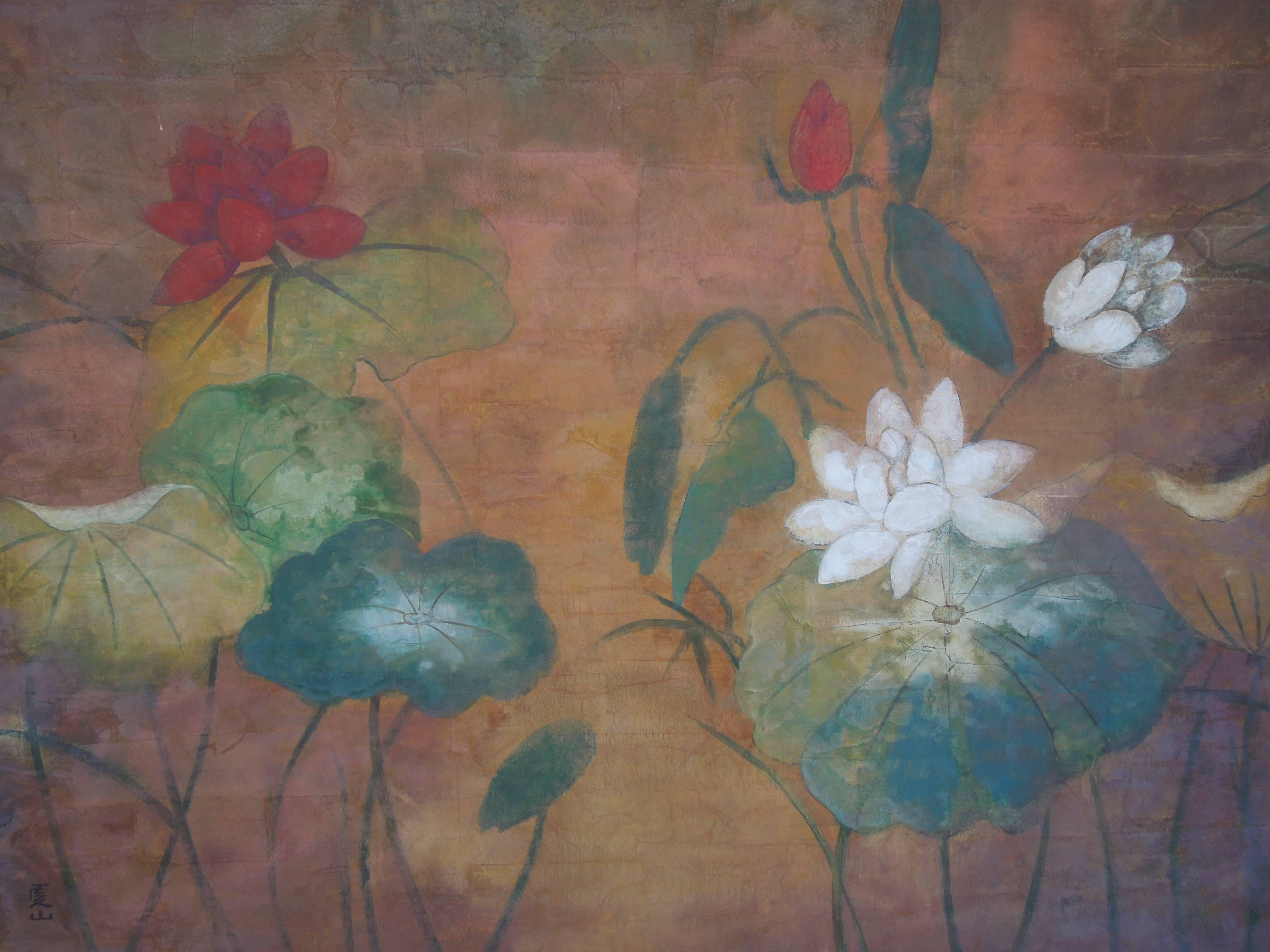 Paper Monumental Hollywood Regency Chinoiserie Style Lotus Flower Original Painting
