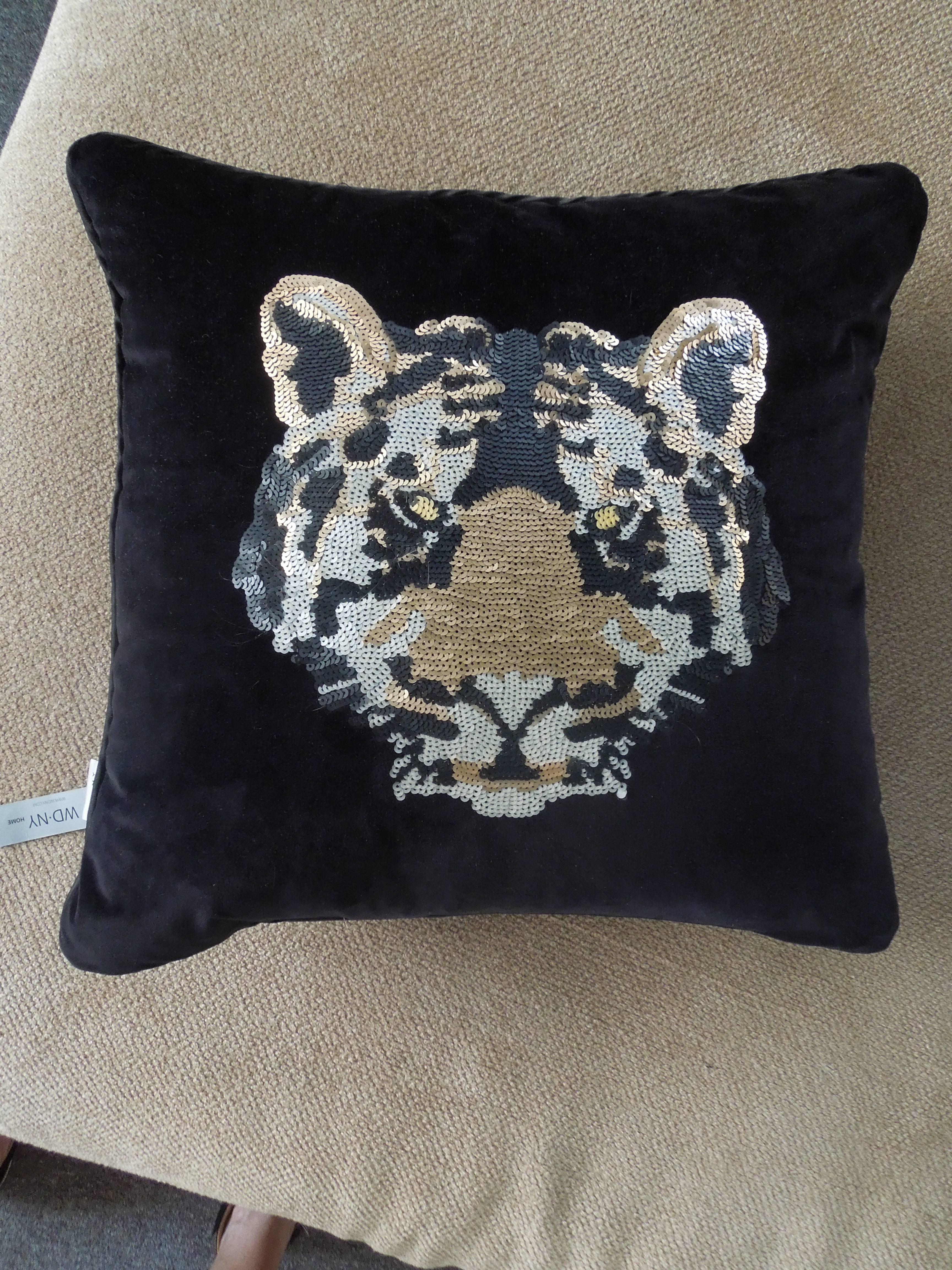 A beautiful pair of feather insert luxe, black velvet decorative pillows. Black satin piping and backs. The tiger faces are hand done sequined in bronze, silver and black colors. Made by WD NY. Never used.