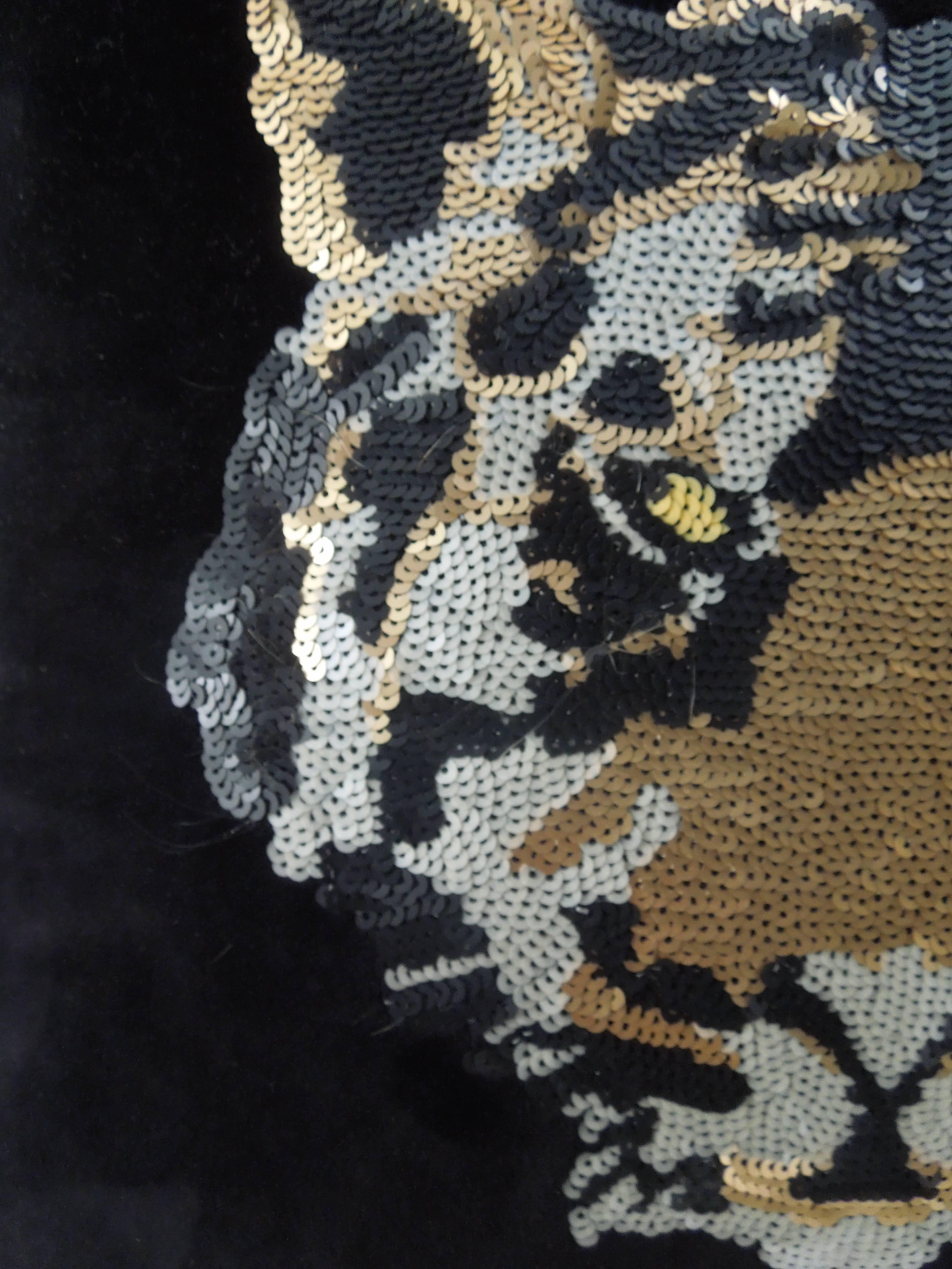 Chinese Pair of Luxe Black Velvet and Sequin Tiger Decorative Pillows