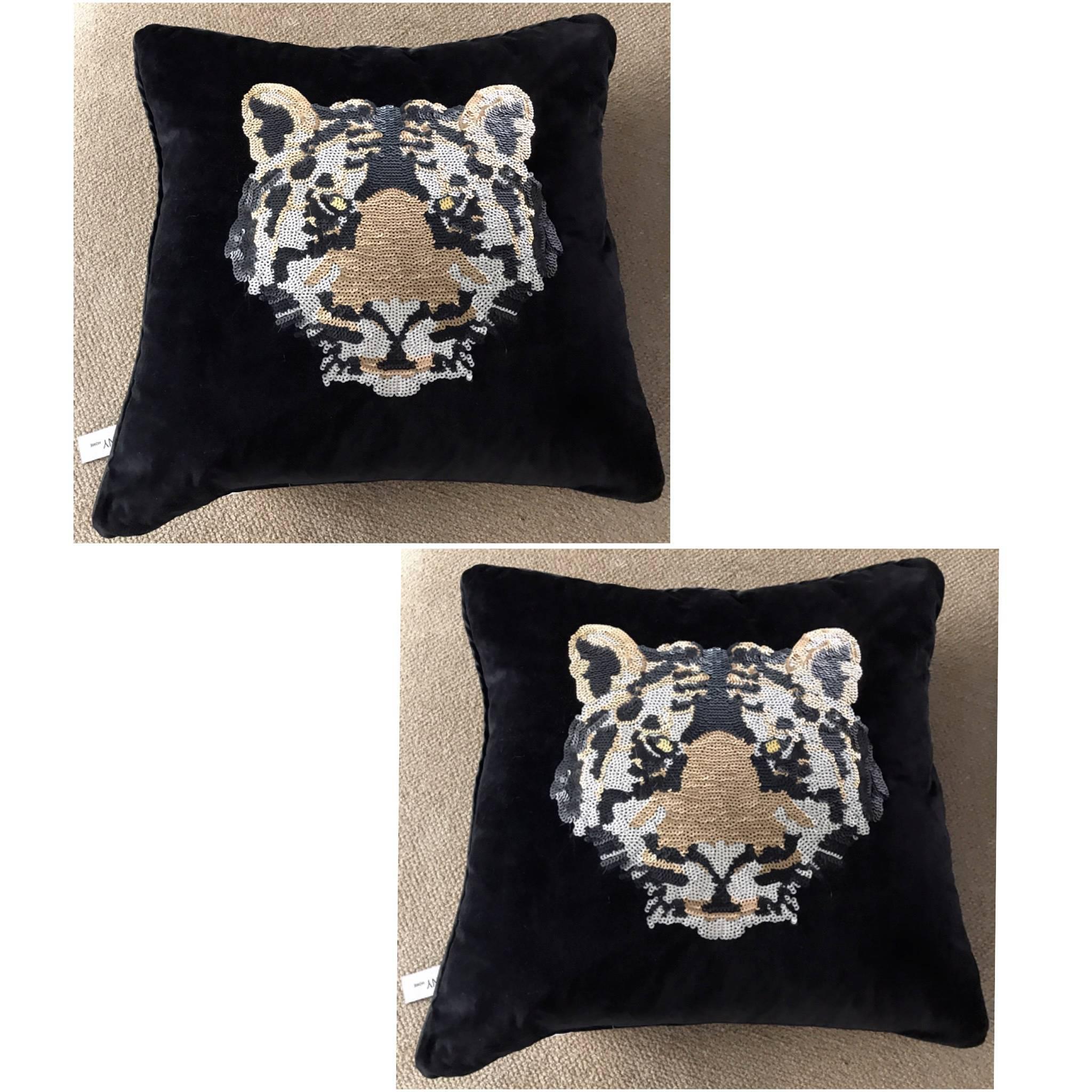 Contemporary Pair of Luxe Black Velvet and Sequin Tiger Decorative Pillows