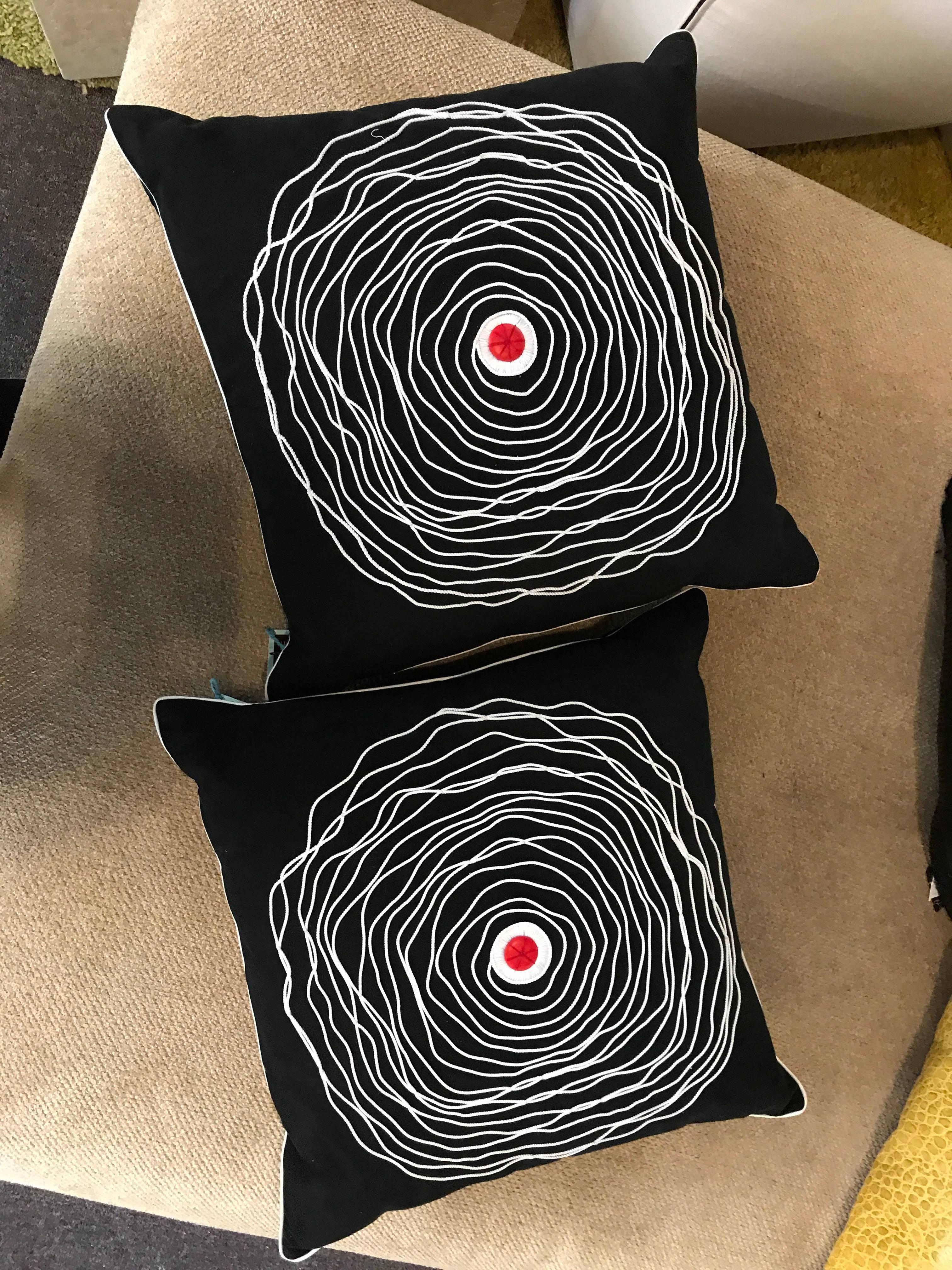 Hand-Crafted Pair of Black and White Modern Art Decorative Embroidered Cord Pillows For Sale