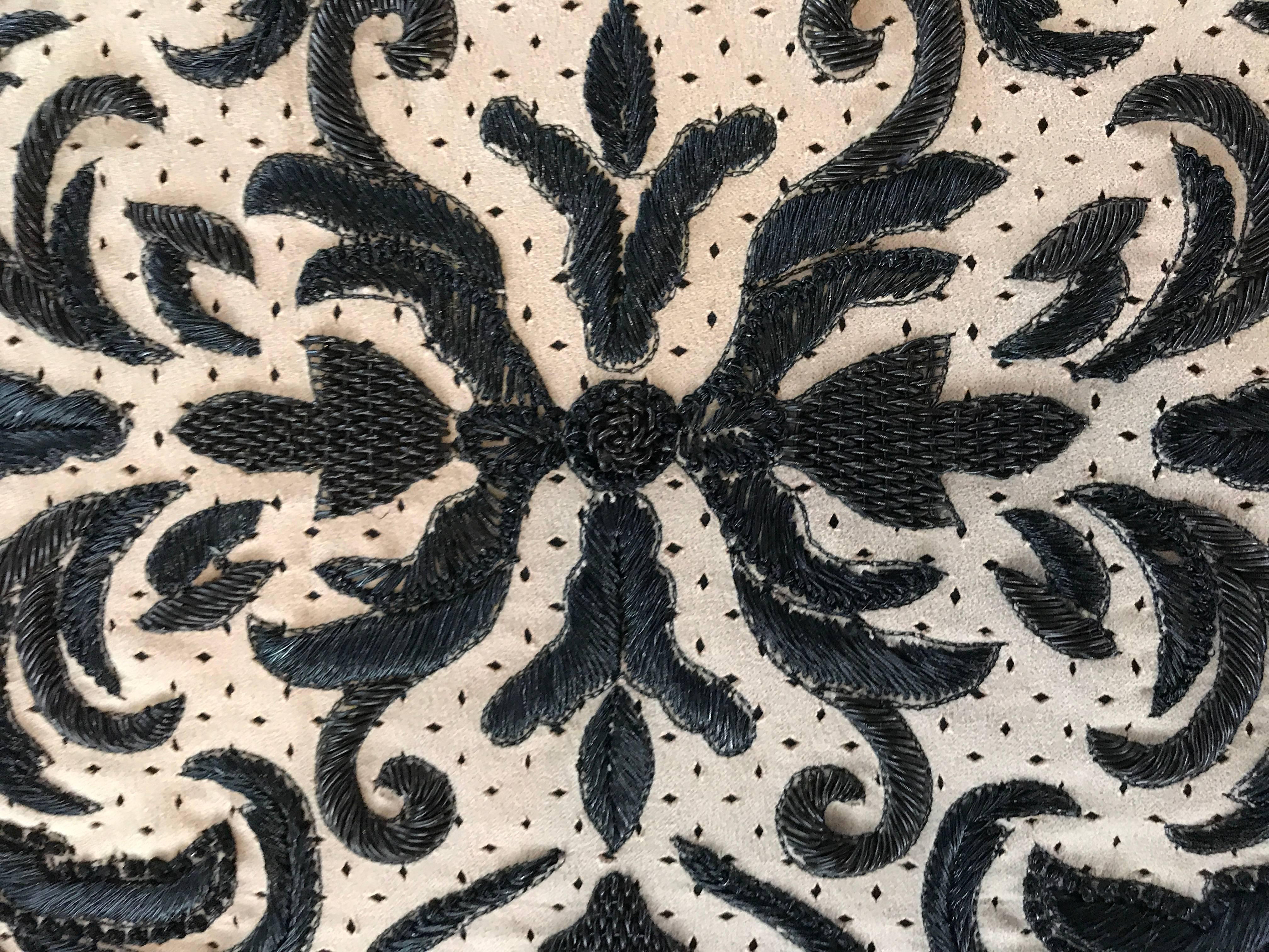 This very high end square pillow came from the premiere home store in Palm Springs, CA over a decade ago. Purchased by my clients, they were never used. Made entirely of high end perforated ultra suede, the ornate design is embroidered in a thick,