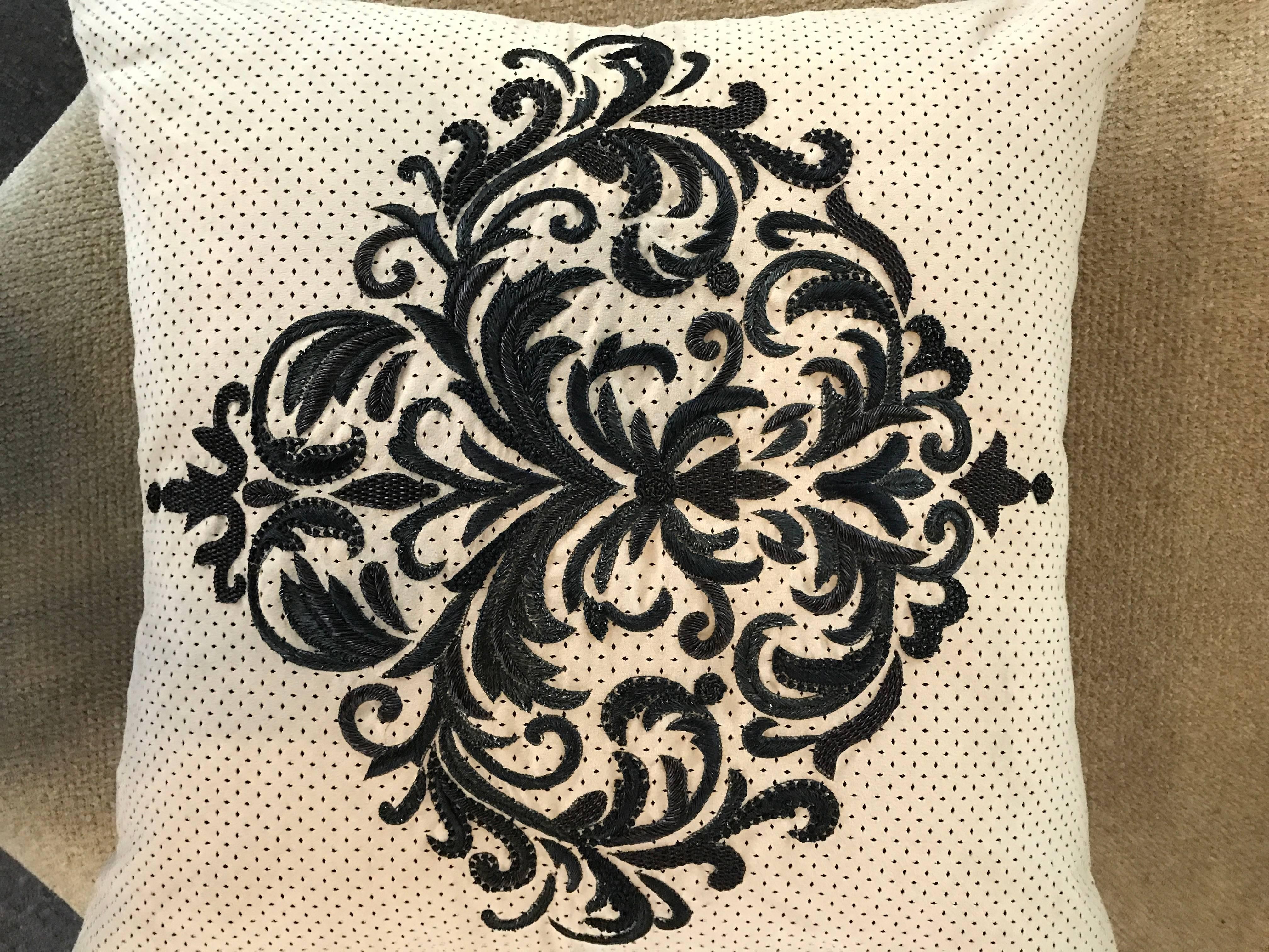 Other Perforated Ultra Suede Sand and Black Embroidered Decorative Pillow For Sale