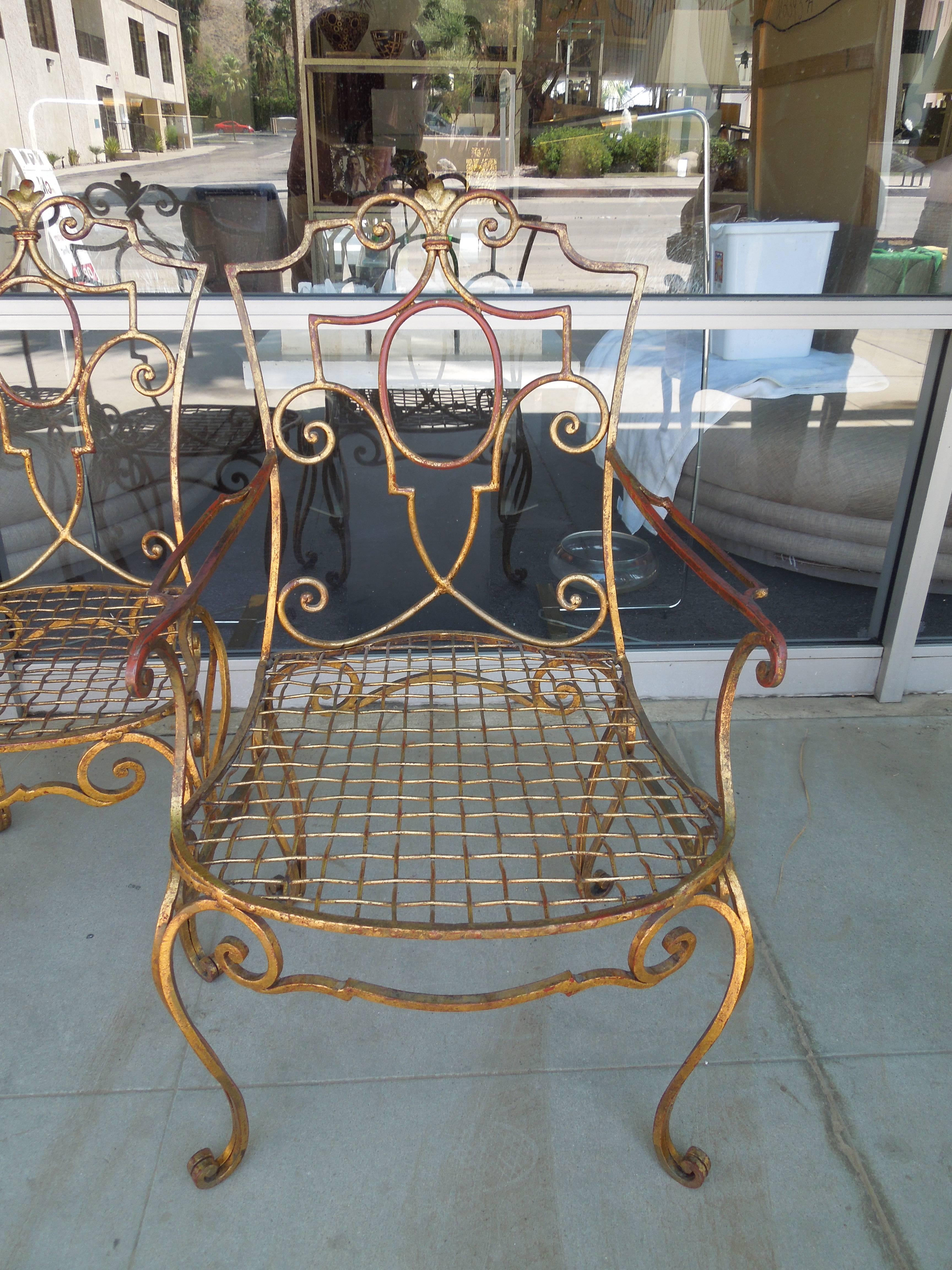 French Moderne Set of Four Gold Gilt Iron Chairs by Jean-Charles Moreux In Good Condition In Palm Springs, CA