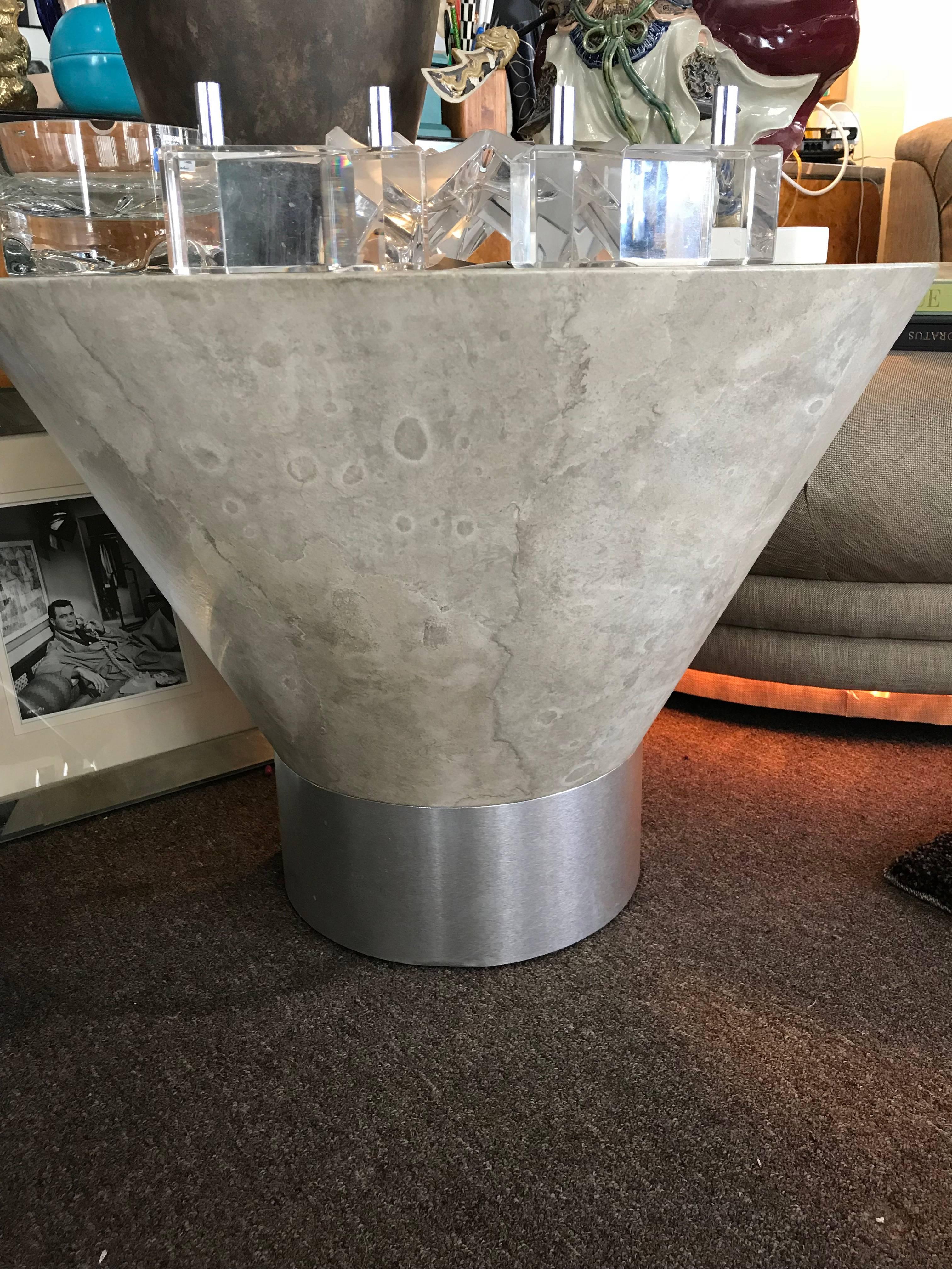 Hand-Crafted 80s Modern Designer Faux Plaster and Brushed Metal Side Table