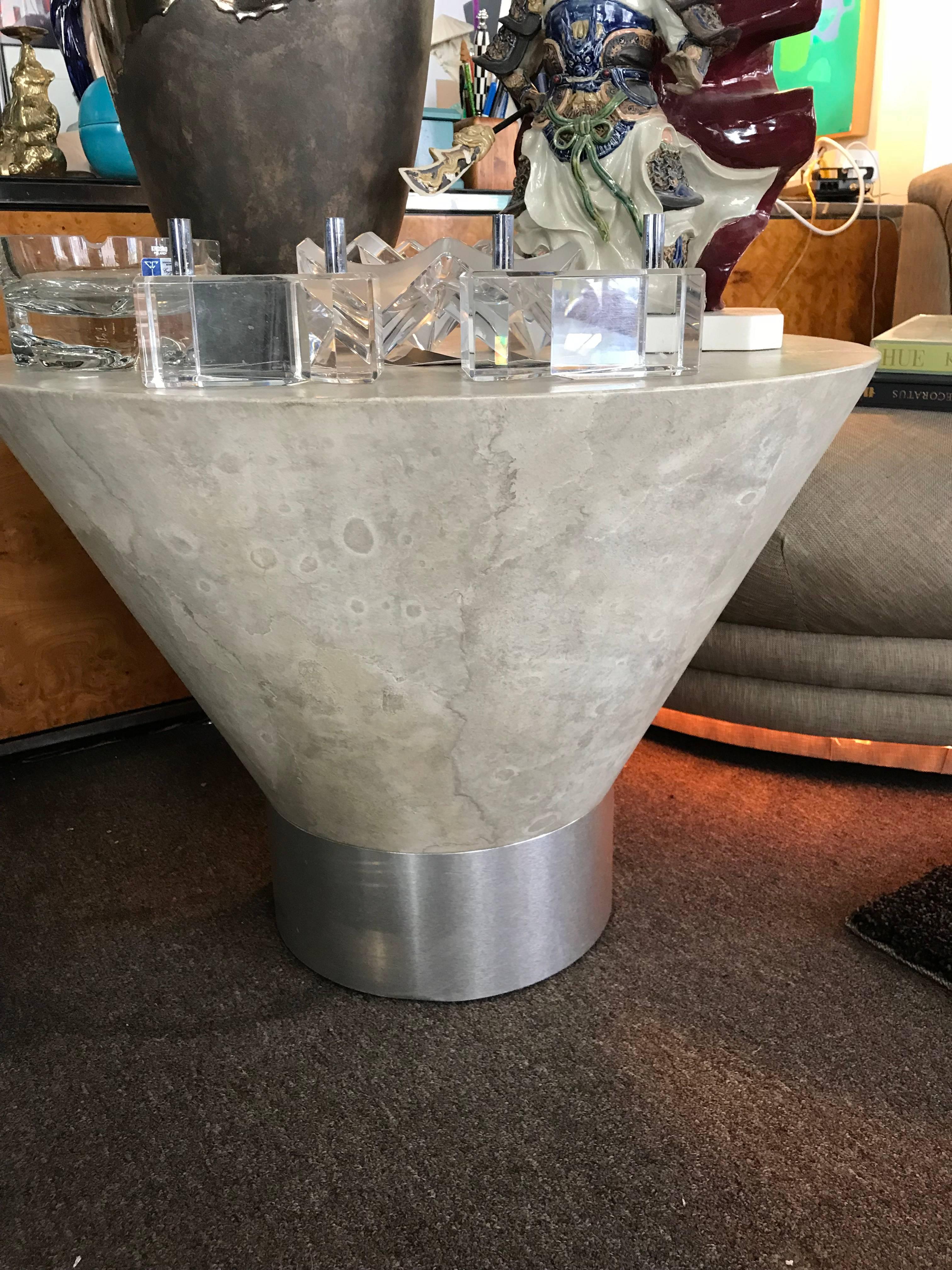 80s Modern Designer Faux Plaster and Brushed Metal Side Table In Good Condition In Palm Springs, CA