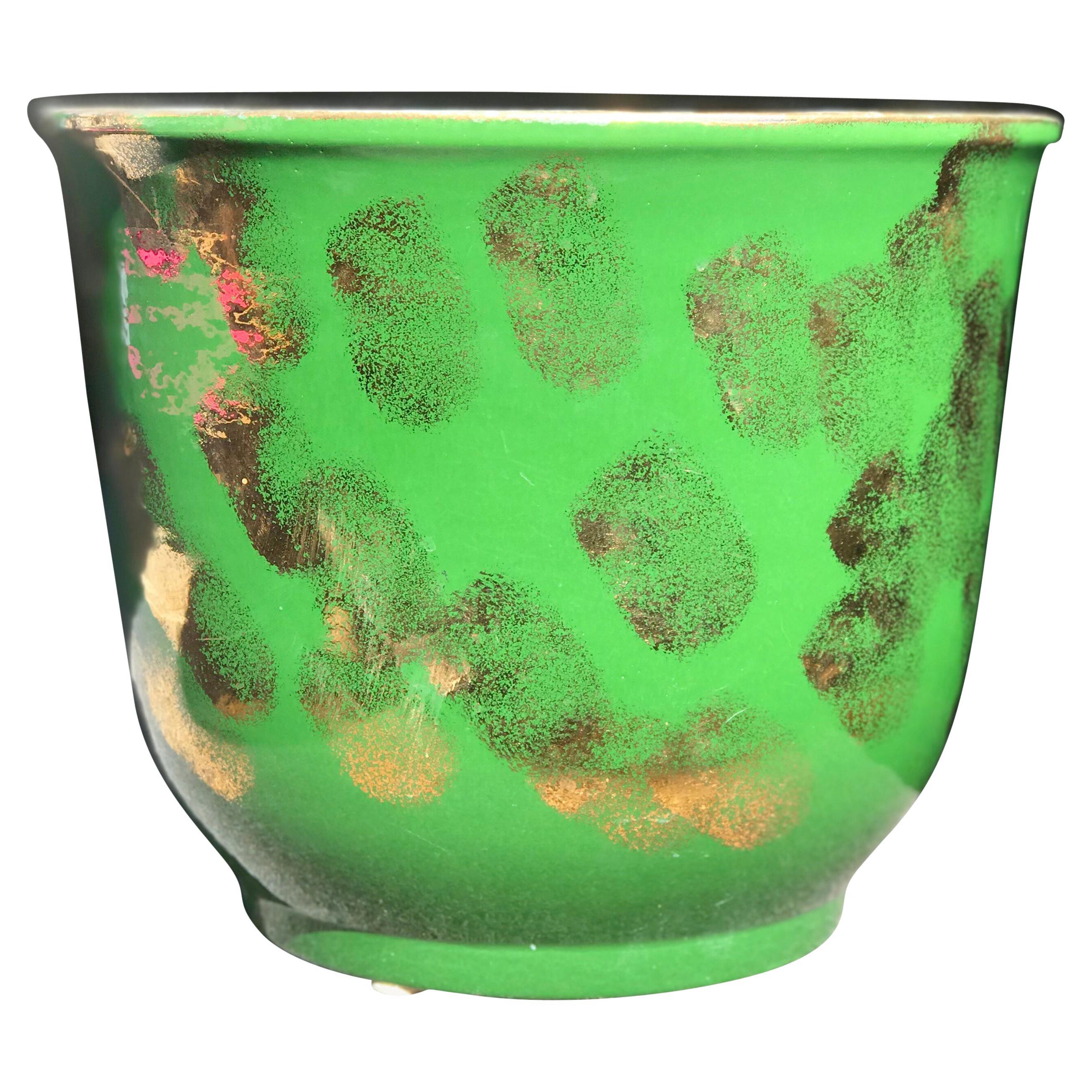 Rare Jardinière en poterie Pacific Vert et Or Métallique