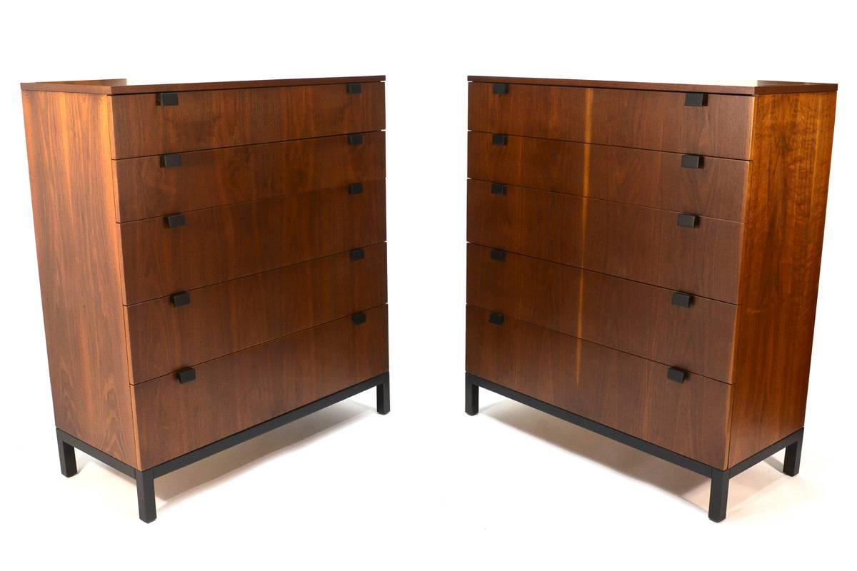 Please note there are two dressers available, and the listed price is for each one.

Gorgeous walnut dressers designed by Kipp Stewart for Directional. Featuring beautiful walnut with black accents in the handles and base. Offering five generously