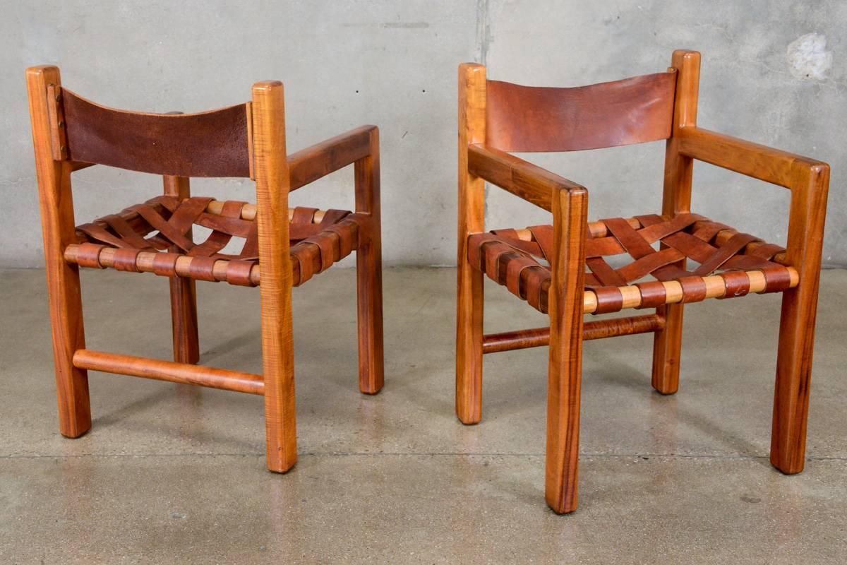 Pair of Walnut and Leather Strap Armchairs In Fair Condition In Long Beach, CA