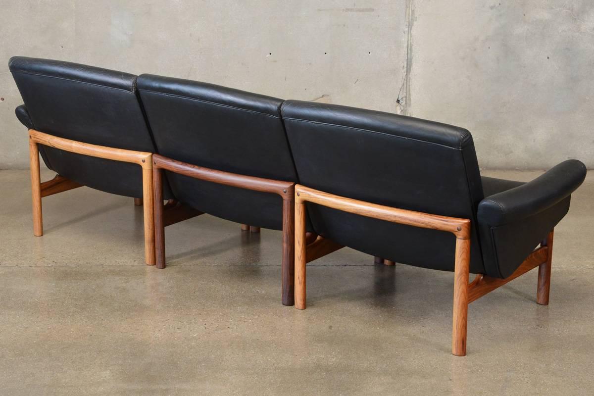 20th Century Modular Rosewood and Black Leather Sofa Set For Sale