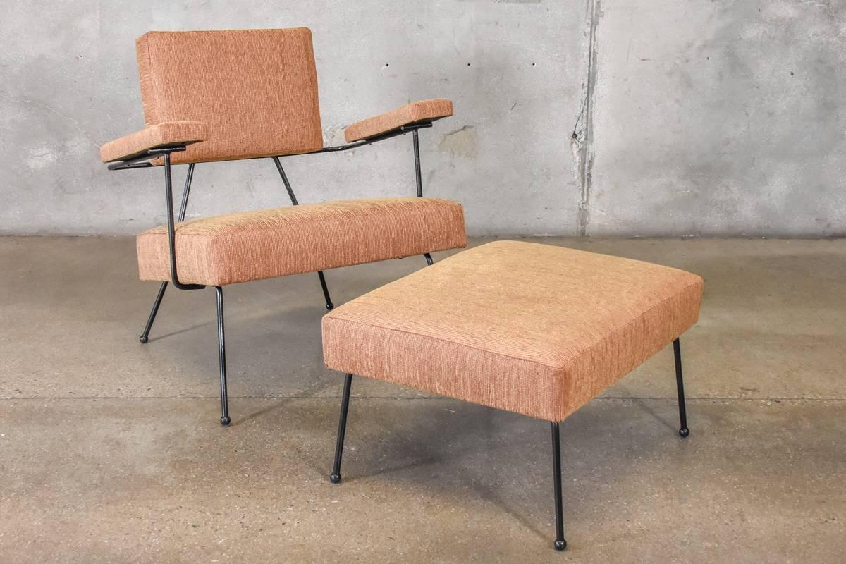 A hard to find set, model 104-C chair and 101-O ottoman designed by Adrian Pearsall for Craft Associates. Both pieces retain their original Craft Associates labels. They were reupholstered by the previous owner in period appropriate red or gold