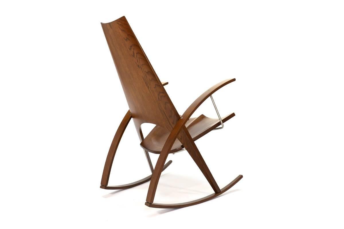 Fantastic studio craft rocking chair by architect Leon Meyer in ash and steel. A functional piece of art. Signed and dated 1977.

Measures: 25.5? wide x 30? deep x 39? tall.