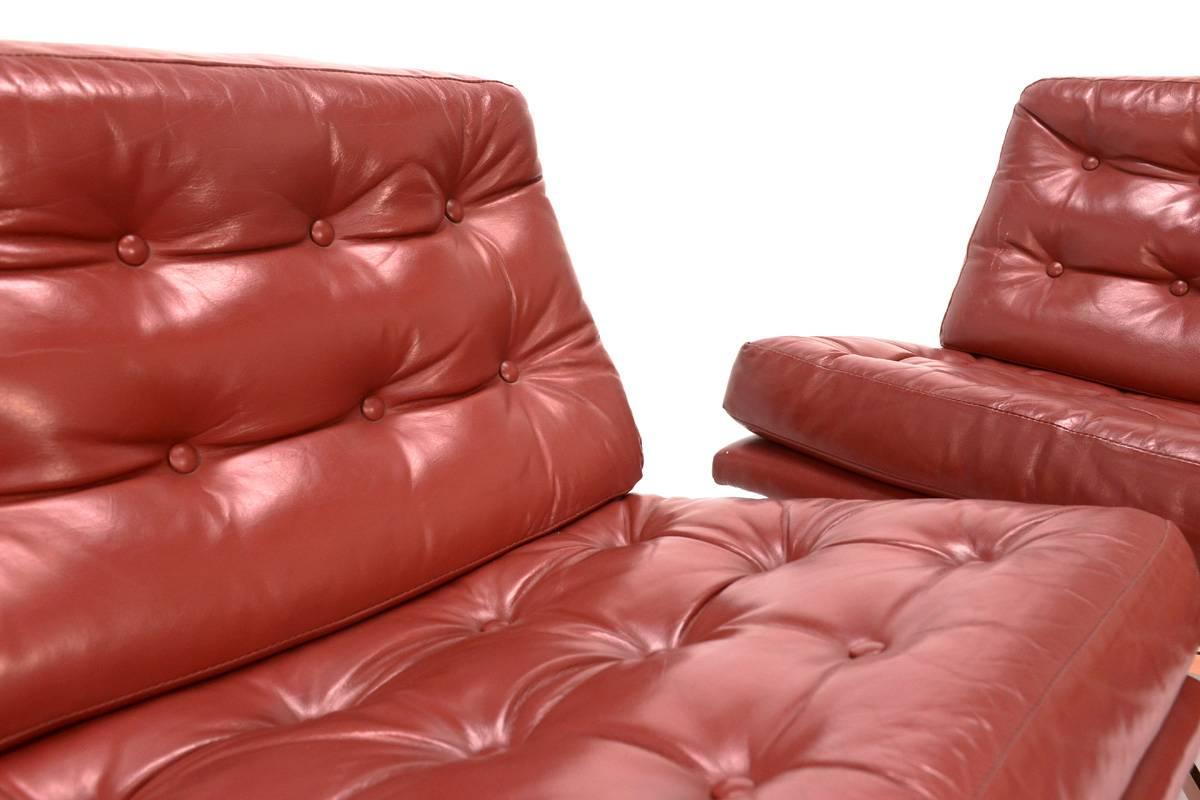 American Pair of Leather and Bronze Lounge Chairs by Founders