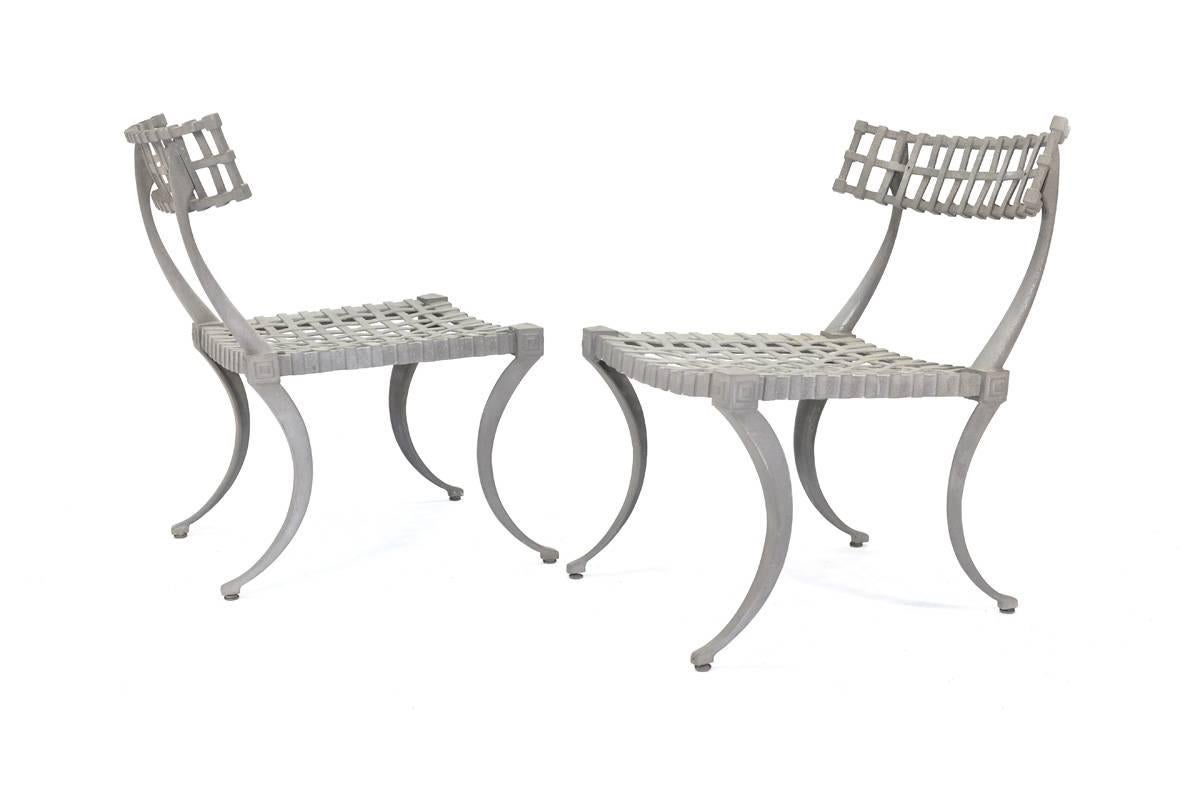Set of four Klismos chairs by Thinline of CA in their original raw cast aluminum finish. A classic design, very reminiscent of Robsjohn-Gibbings designs. These show light patina. They could be polished or powder-coated. Seat height is 15″

21″