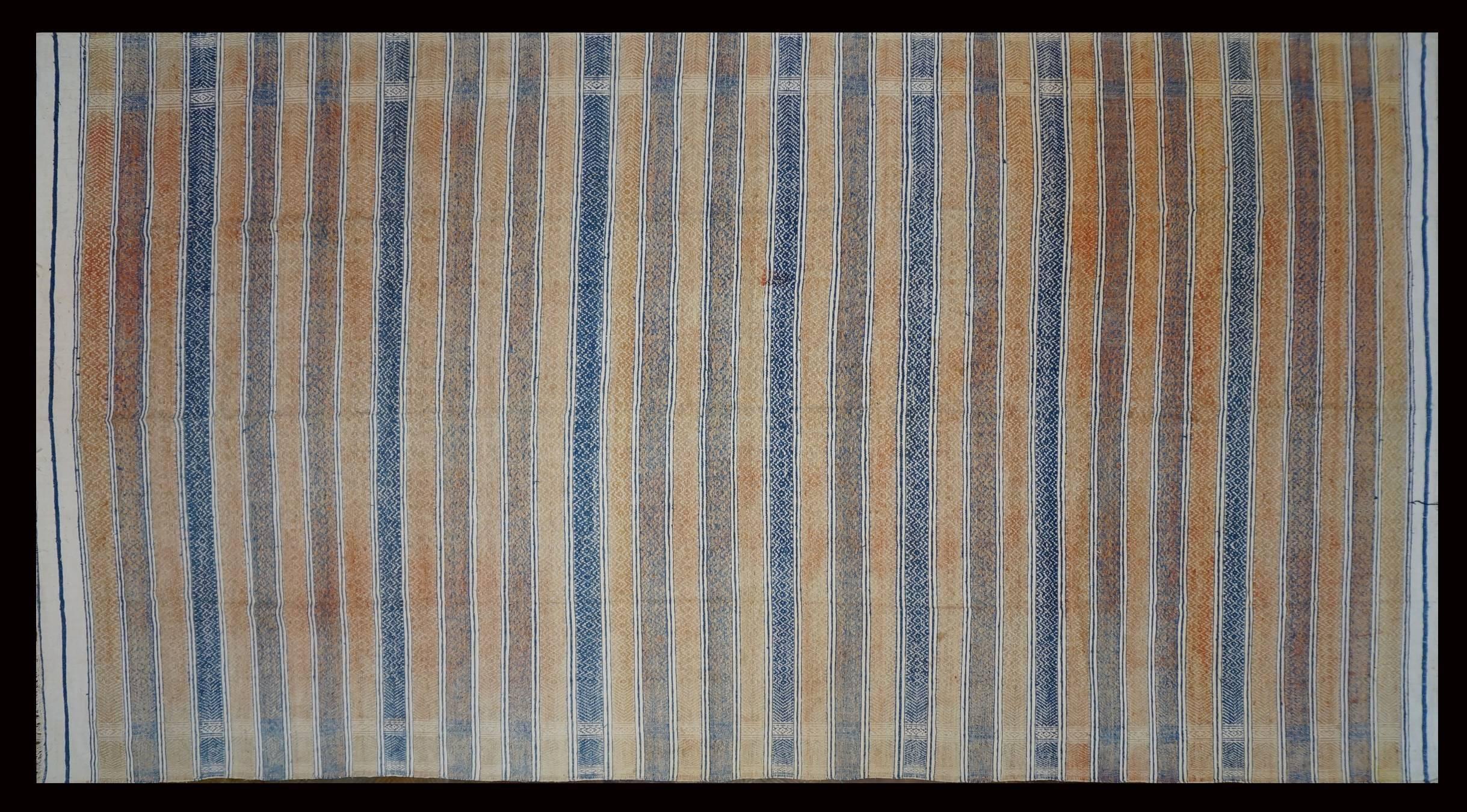 Vintage Persian striped flat-weave rug, soft subtle colors, reversible. The backside has a bit stronger colors. Fair condition made of cotton, circa 1920s. Size approximate 9 x 17 ft.