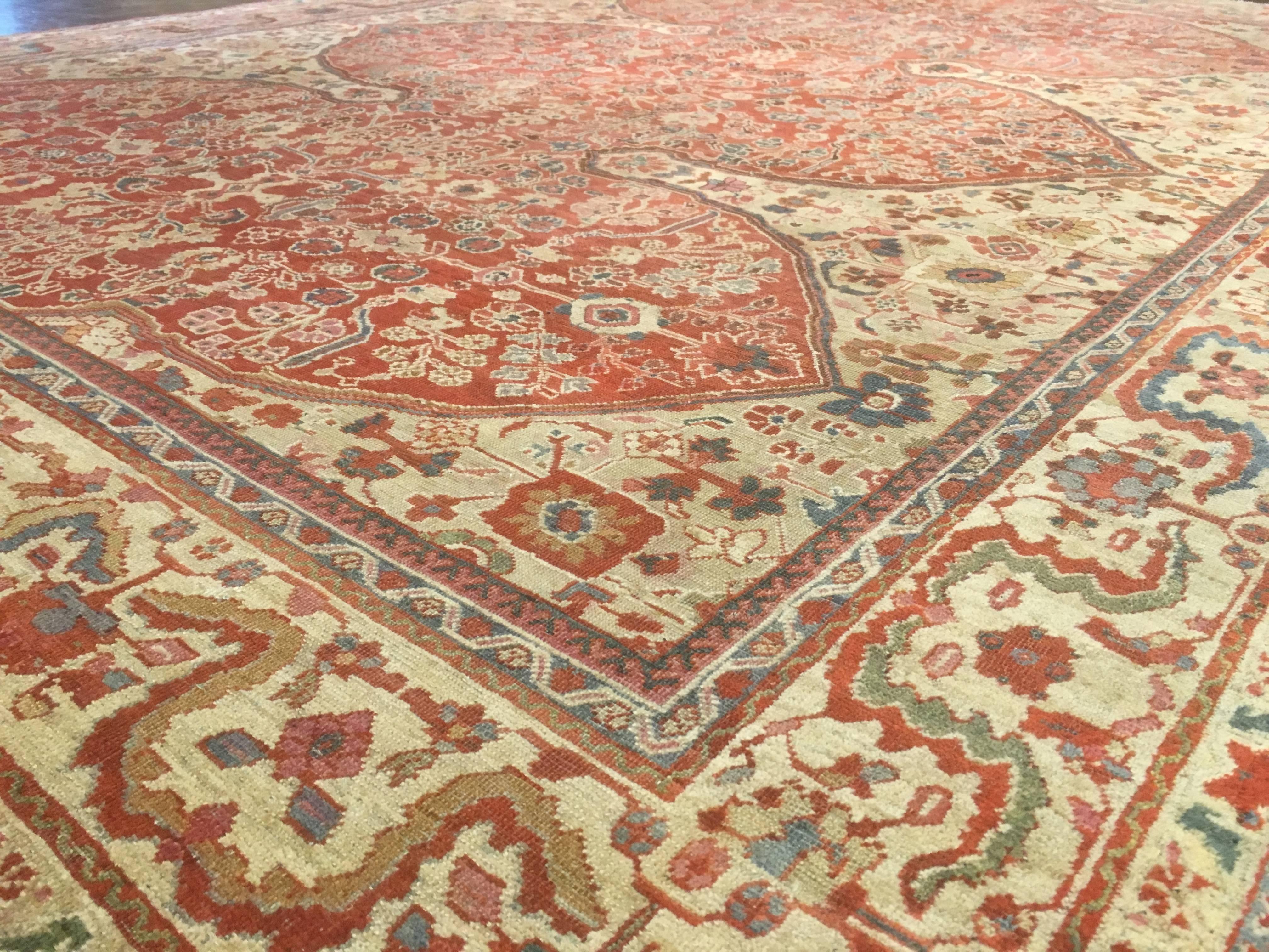 Extremely rare design woven in late 19th century Sultanabad. This rug has a tighter than normal weave for a rug of that region, This type of rug is sometimes referred to as a Farahan. The condition is good for its age and has an even low cut pile