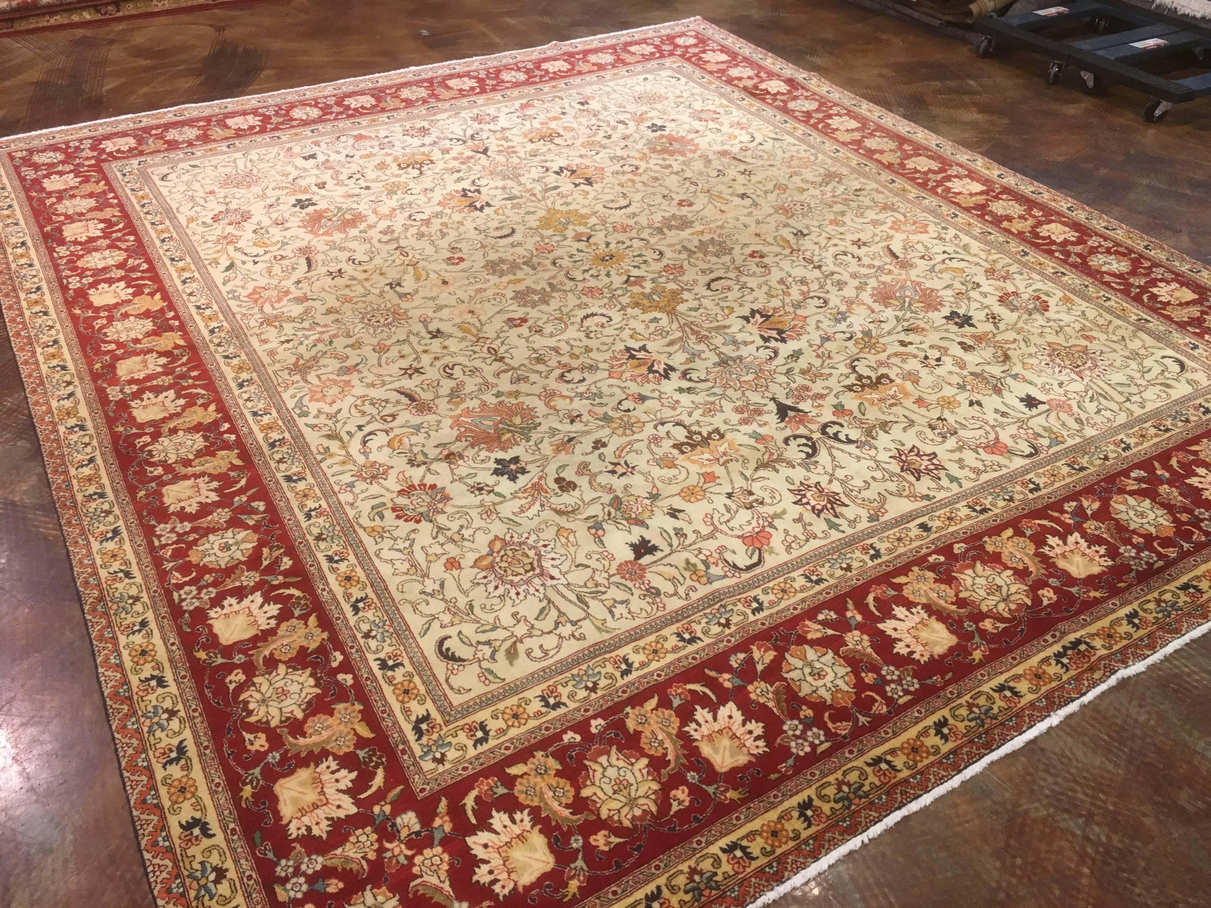 Persian Tabriz circa 1930 signed by the weaver, fine rug, square in size 9.5 x 10.9 condition is good, has no repairs and has excellent colors. This is a true Persian rug and quality of weave is known as a 50 Raj.