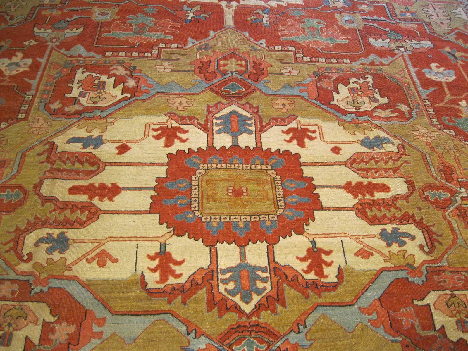 Woven in the 1880s this Persian Serapi has exceptional colors and a pleasing geometric design. The size is very desirable and also hard to find. 
Measures: 12.4 x 15.