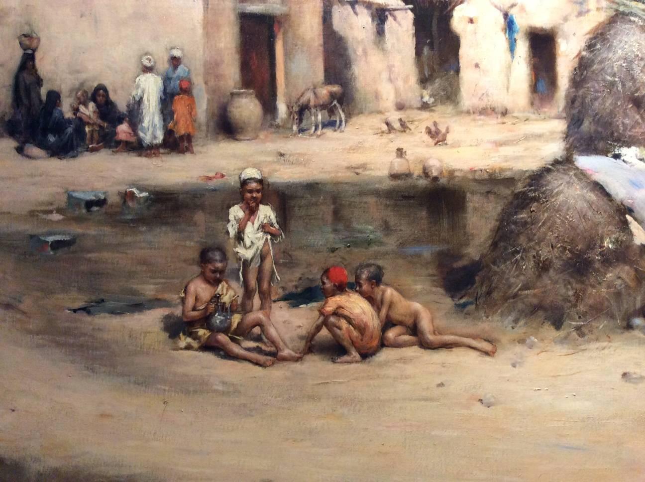 French Village in Egypt, Large Painting Signed Maxime Dastugue (1851-1909)