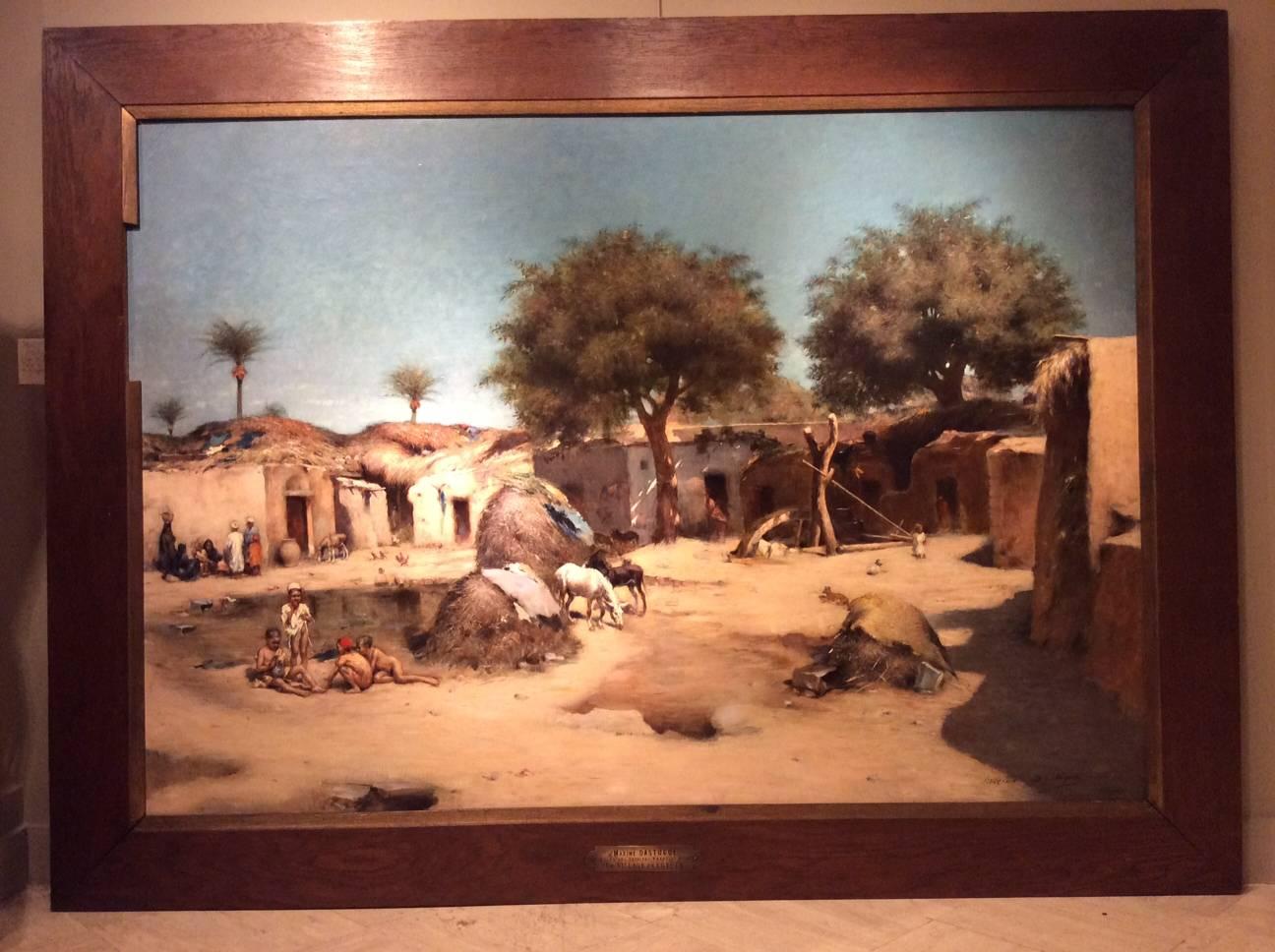 A village in Egypt, presented at the Salon des artistes in 1890, signed at the bottom right by Maxime Dastuge (1851-1909). Student of Jean-Leon Gérôme.
Exposed at the Salon from 1876-1908.
He travelled to Egypt often from 1889 onwards. Painted