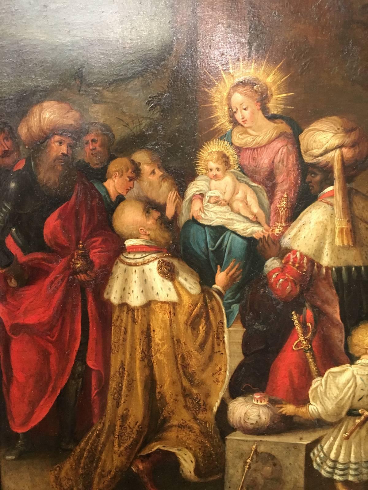 Baroque Adoration of the Three  Wise Men Represented as Kings, Oil on Copper, Flanders