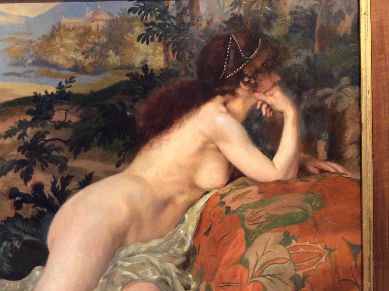 Egyptian Revival Young Female Nude Reclini in Front of a Bucolic Landscape, Signed Marcel Mangin