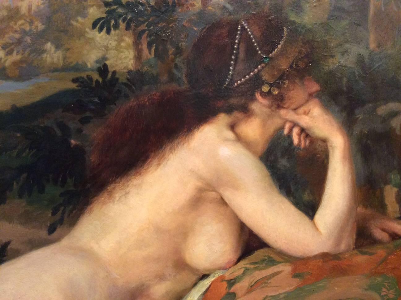 Late 19th Century Young Female Nude Reclini in Front of a Bucolic Landscape, Signed Marcel Mangin