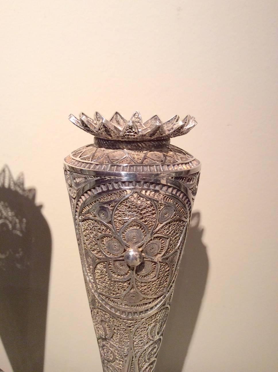 Persian Silver Candlesticks Decorated in Silver Filigree, Early 19th Century