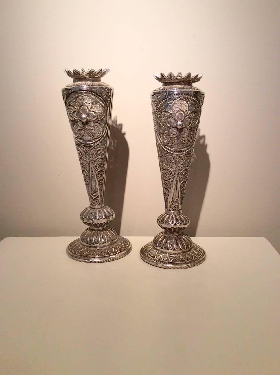 Islamic Silver Candlesticks Decorated in Silver Filigree, Early 19th Century