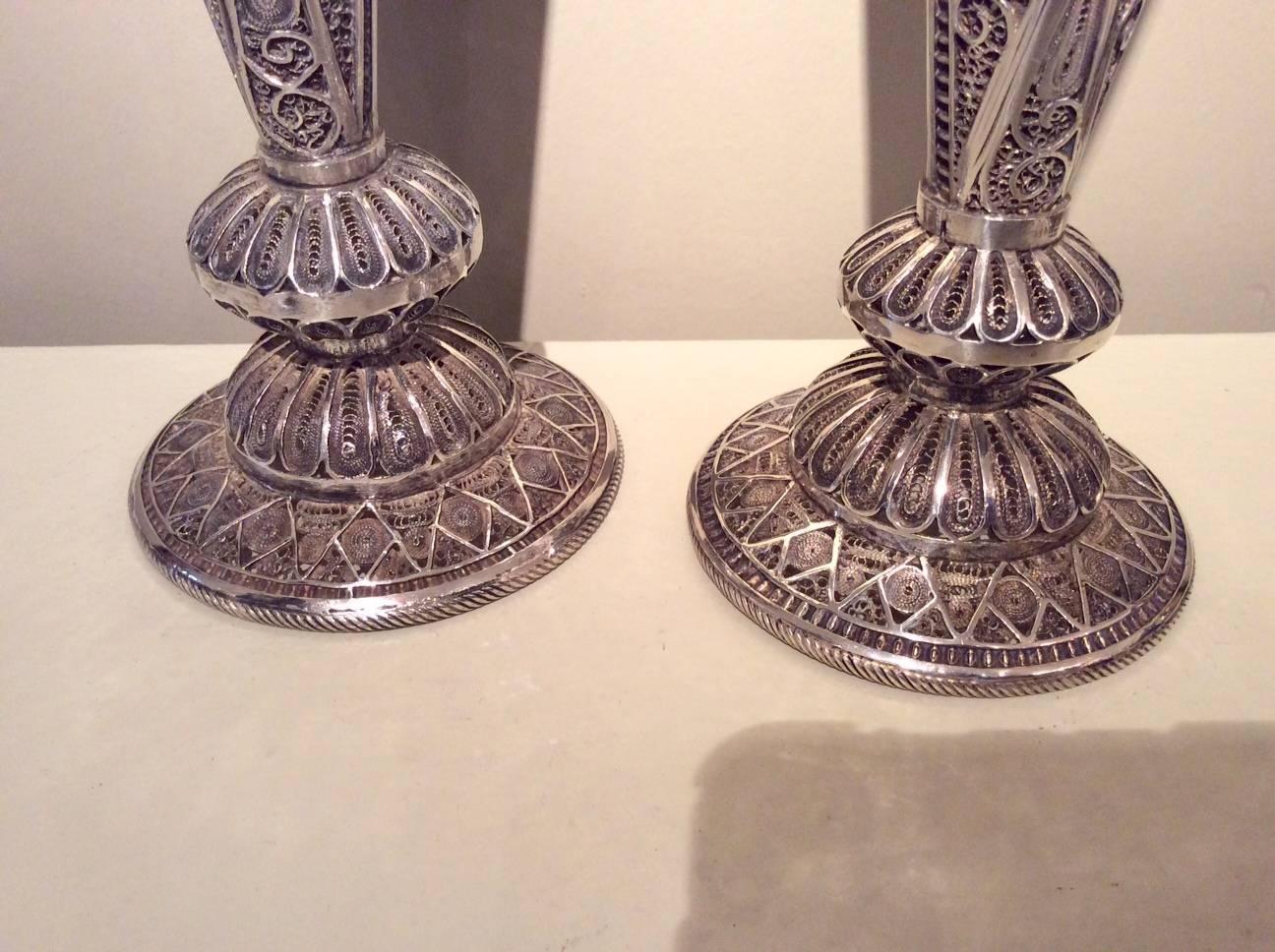 Découpage Silver Candlesticks Decorated in Silver Filigree, Early 19th Century