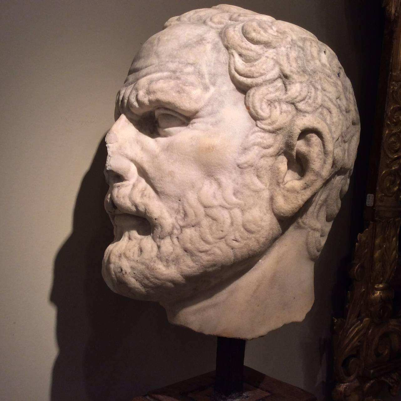 Hand-Carved Marble Head, Doubtfully Demosthenes , Italian Work , 16th or 17th Century