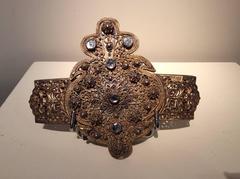 Belt Buckle in Gold-Plated Metal, Filigree, Glass Cabochons, 19th Century