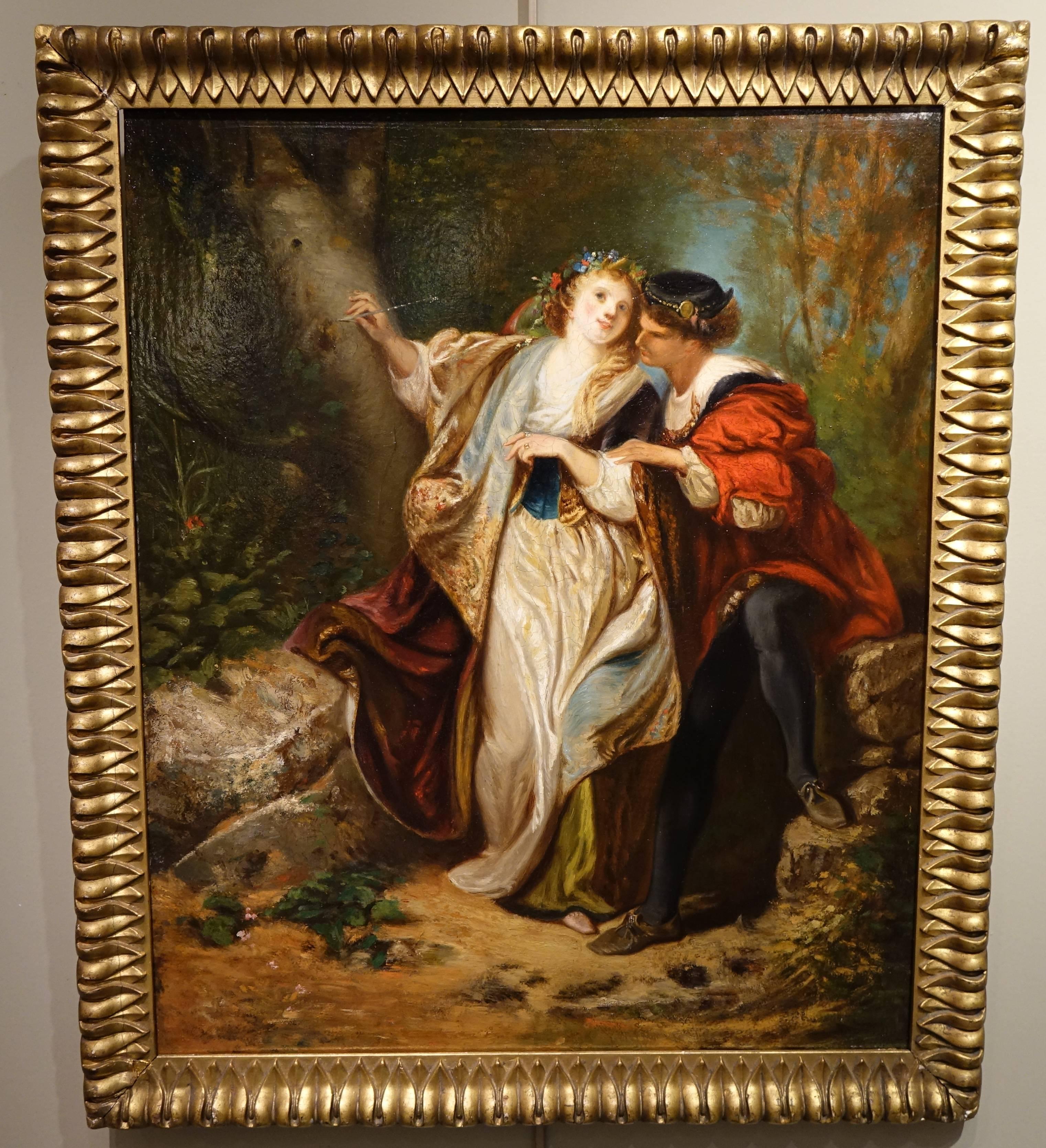 Romantic scene representing Paolo and Francesca, oil on panel, 
France 19th century.
Paolo and Francesca , Dante's famous poem from the divine comedy.