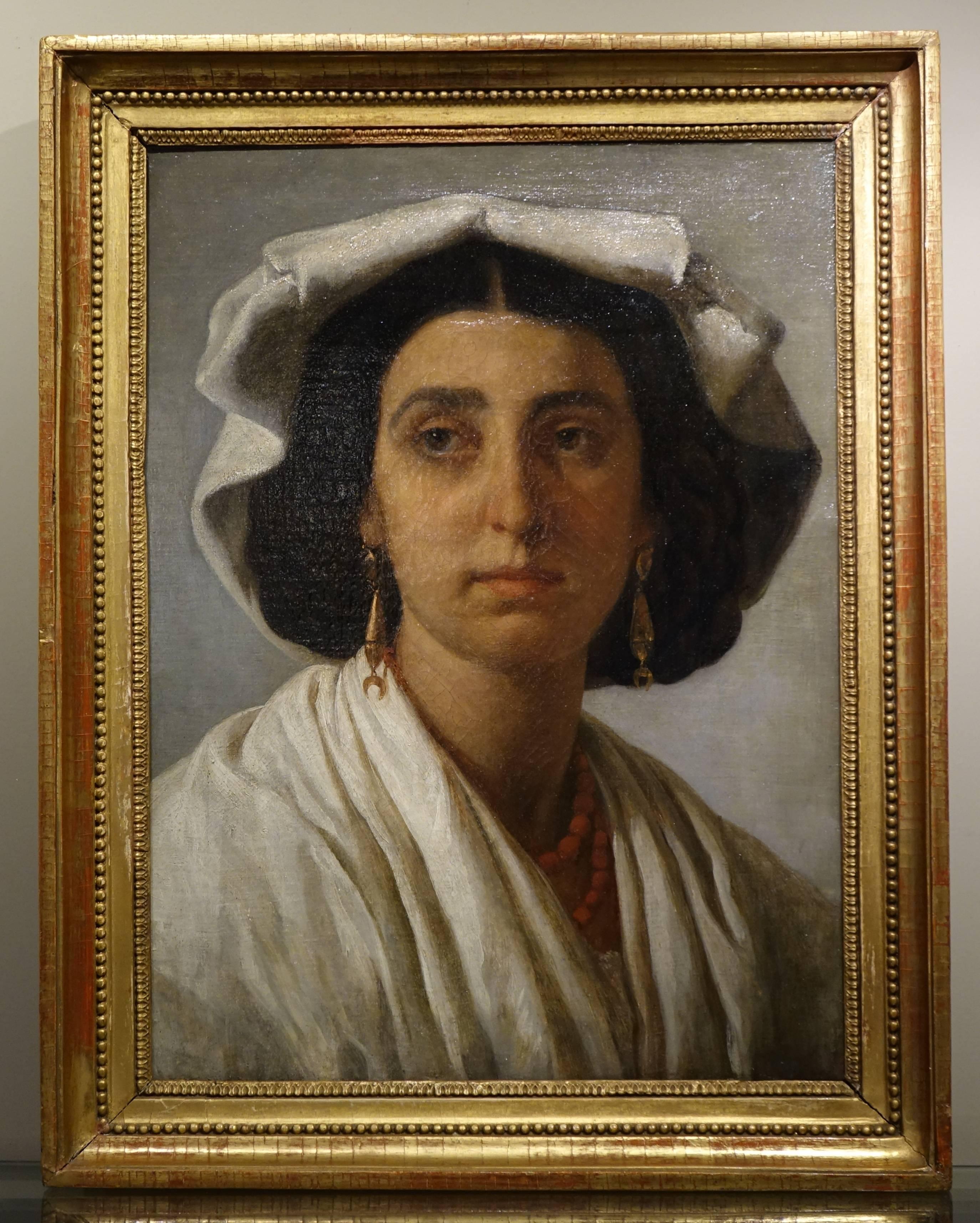Portrait of a Roman woman attributed to J.V Schnetz (1787-1870).
Jean-Victor Schnetz (April 14, 1787 in Versailles – March 15, 1870 in Paris) was a French academic painter well regarded for his historical and genre paintings.
Schnetz studied in