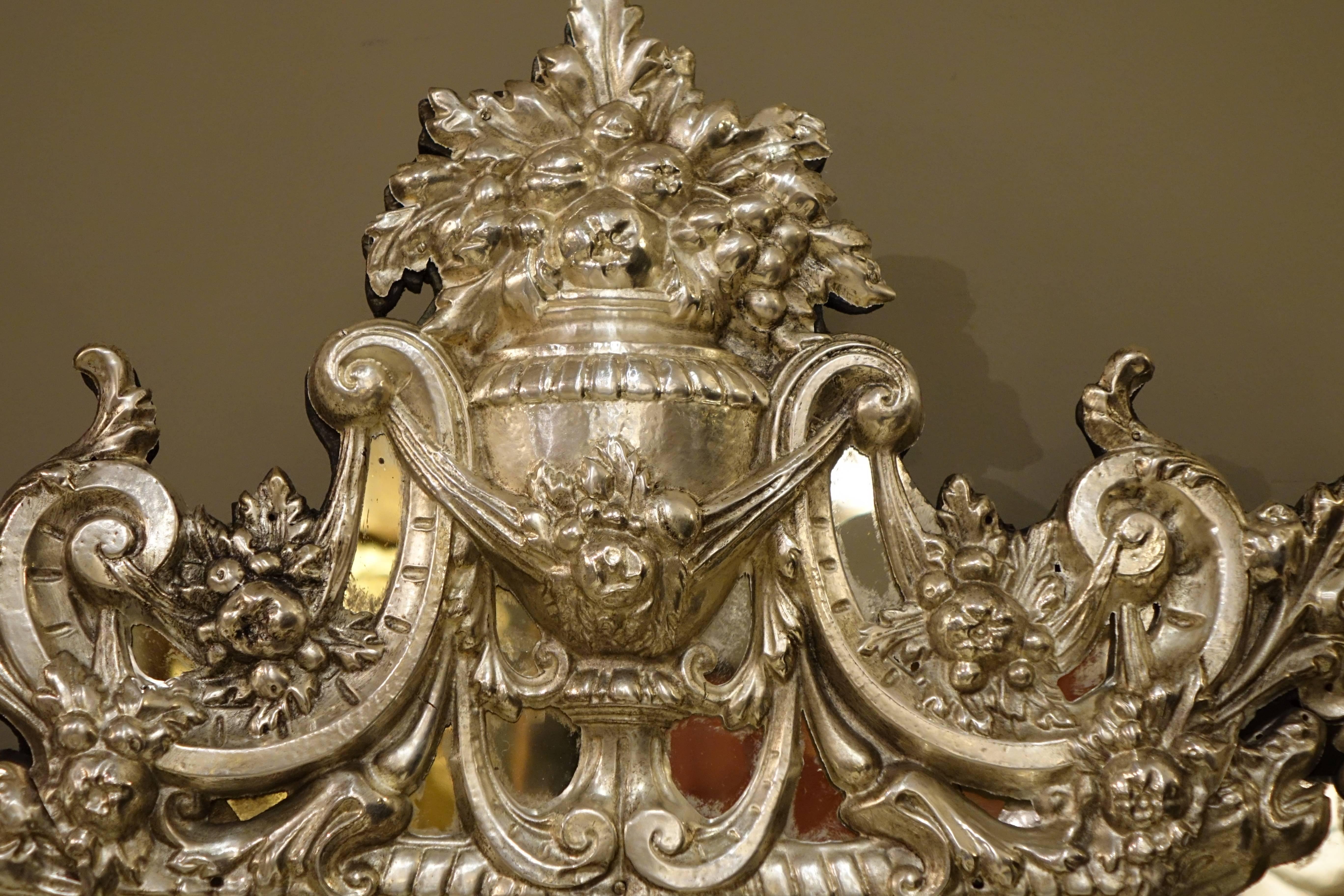 Late 19th Century Mirror in Louis XIV Style in Embossed Silver Plated Brass, France 19th Century 