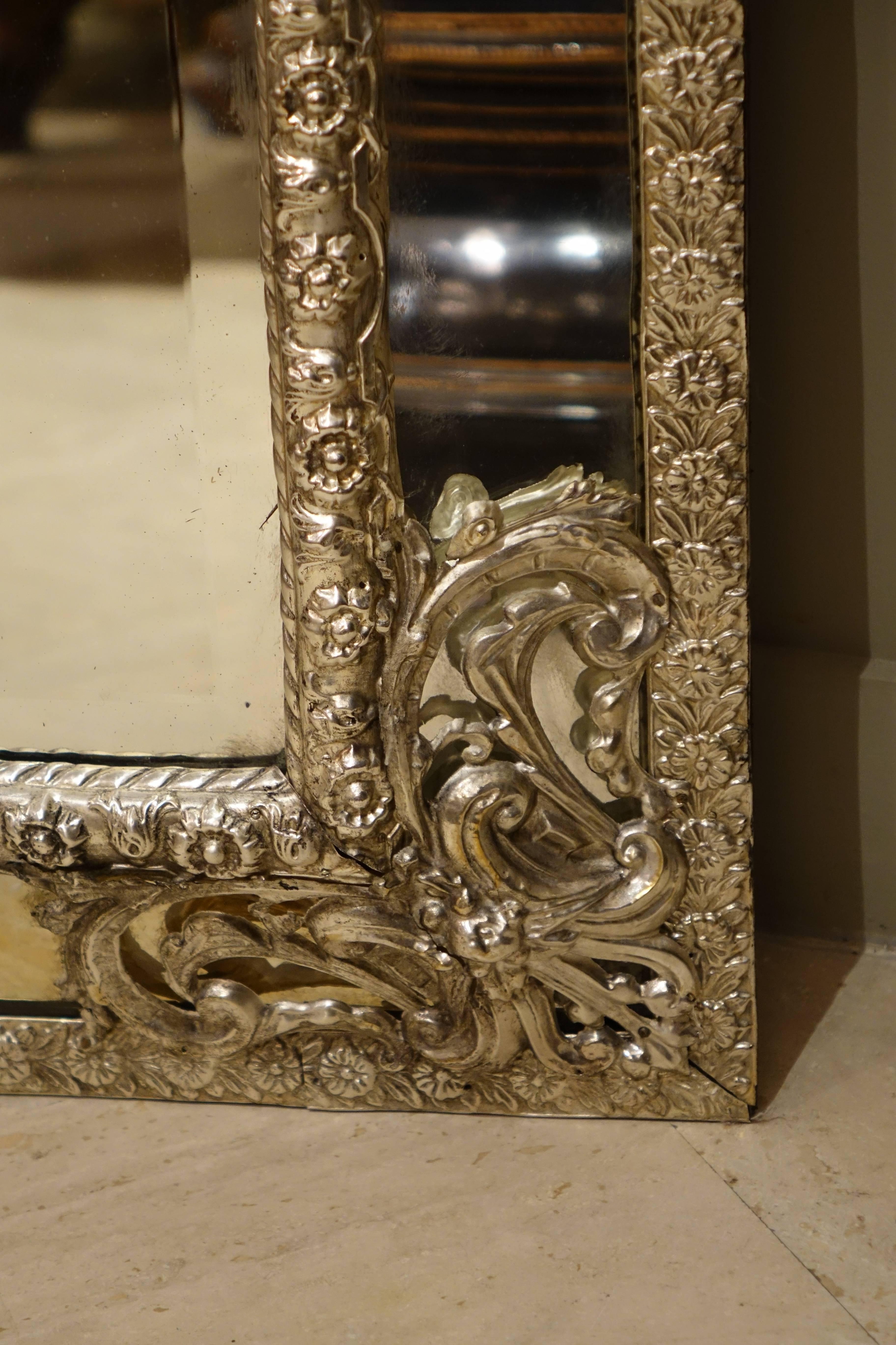 Mirror in Louis XIV Style in Embossed Silver Plated Brass, France 19th Century  1