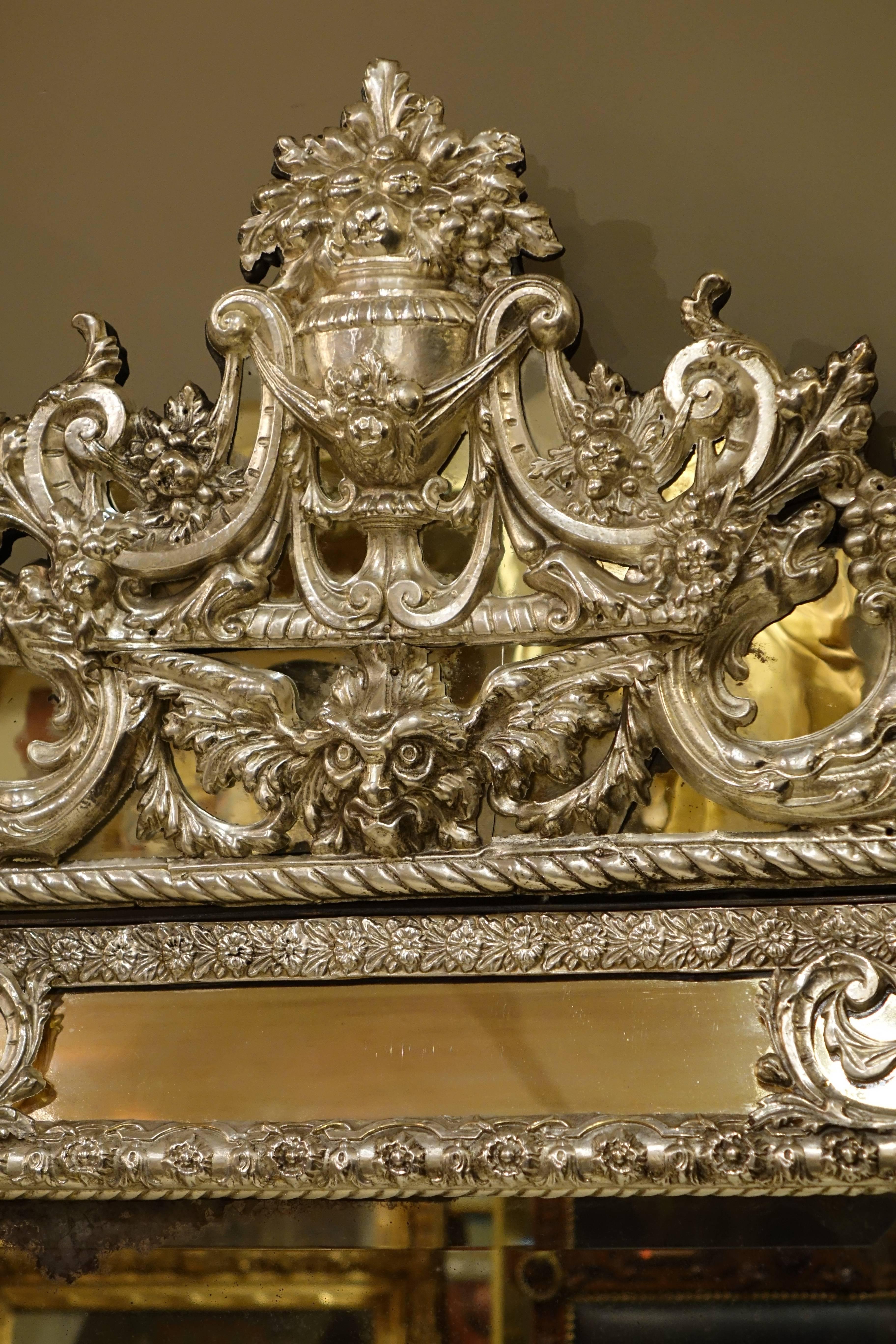French Mirror in Louis XIV Style in Embossed Silver Plated Brass, France 19th Century 
